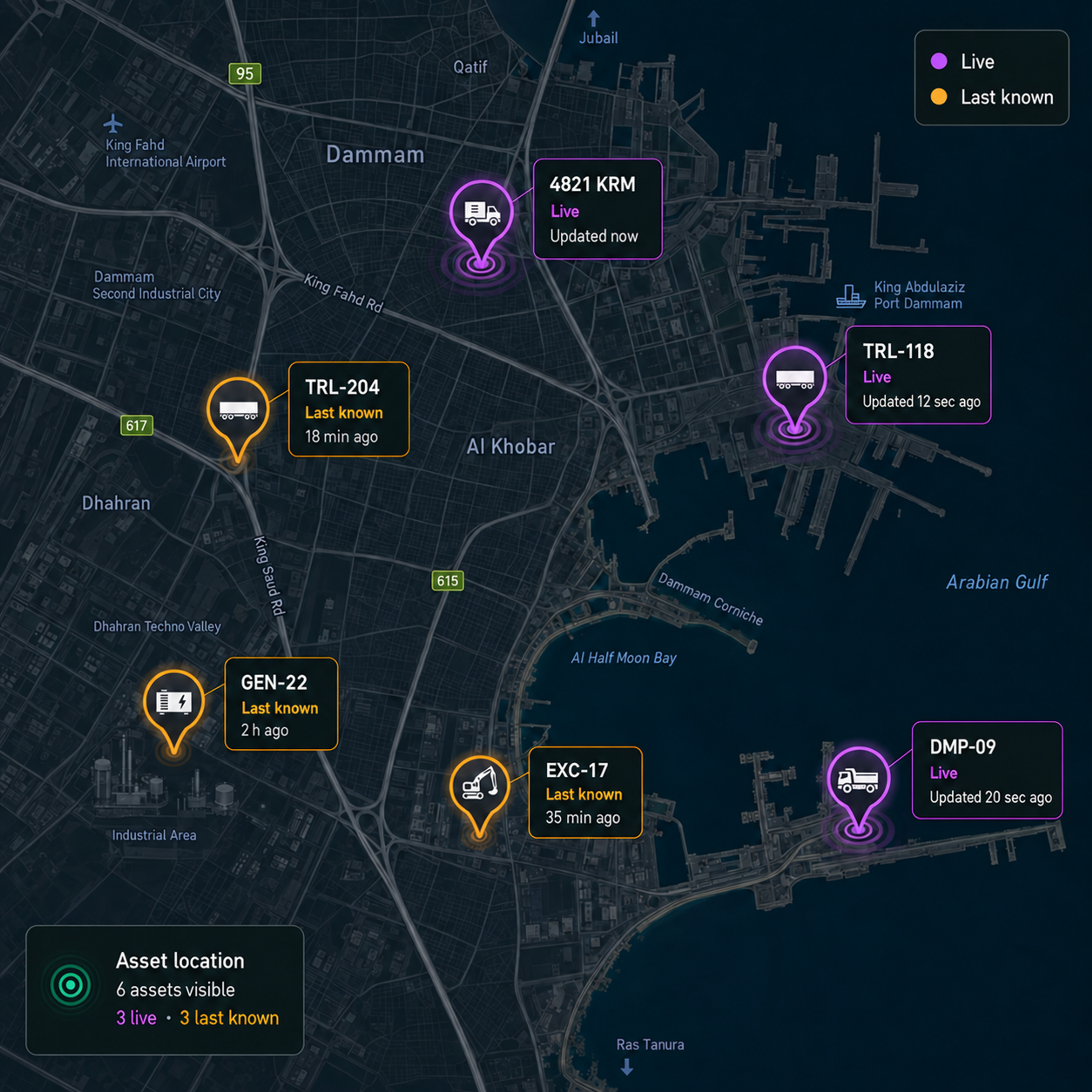 Asset map with live and last-known pins distinguished, and their timestamps. 4:3, dark UI.