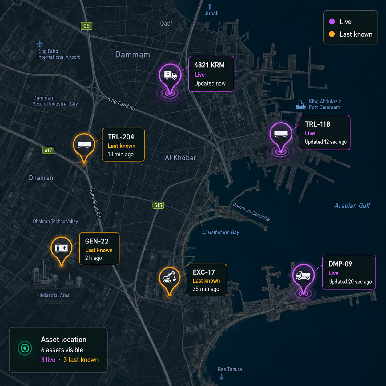 Asset map with live and last-known pins distinguished, and their timestamps. 4:3, dark UI.