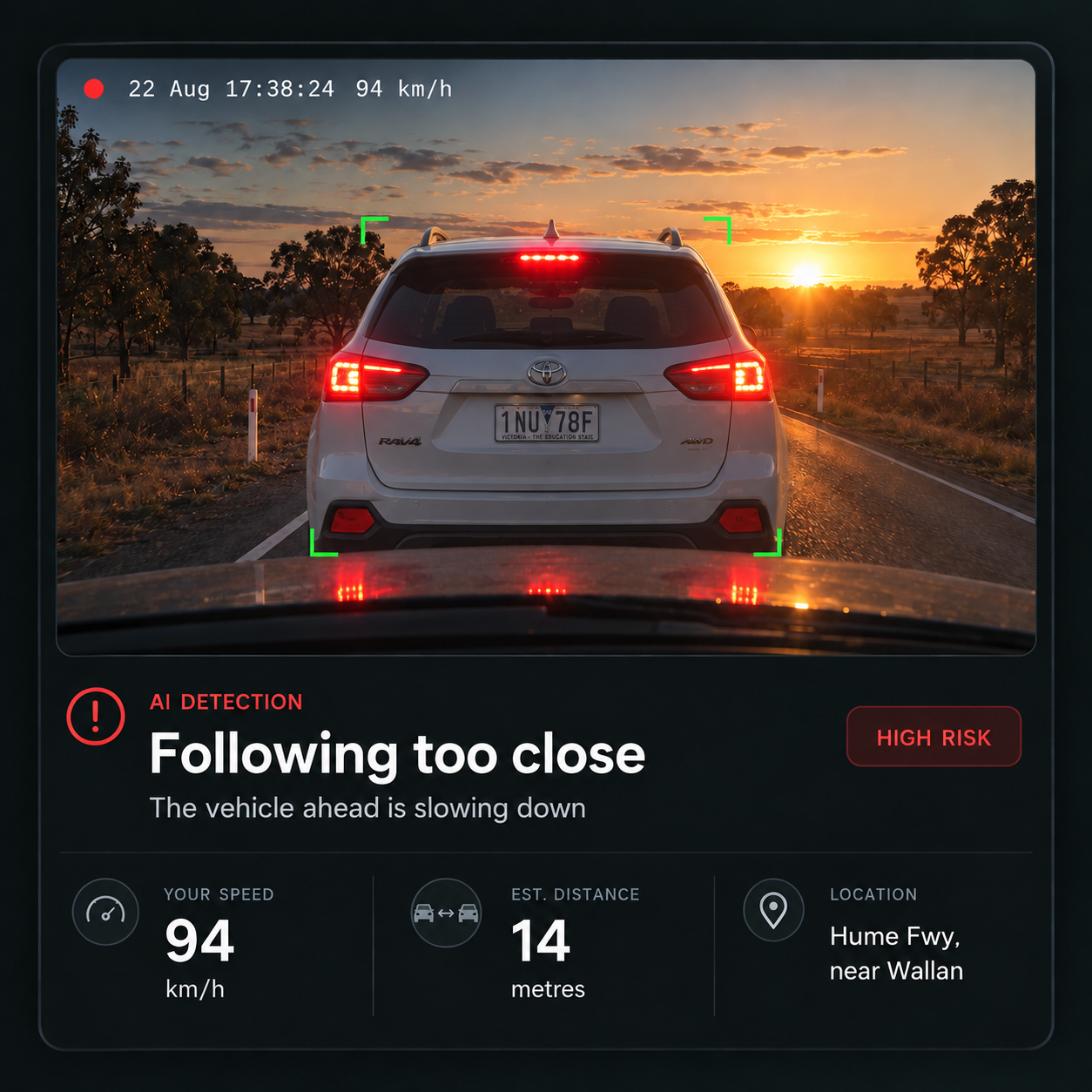 Road-facing camera frame with an AI detection box drawn on a following vehicle.