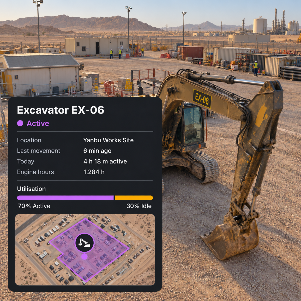 Photograph: an excavator and site machinery on a construction site. Portrait 3:4, dark and cool, room at the top for a heading, no text in the artwork.