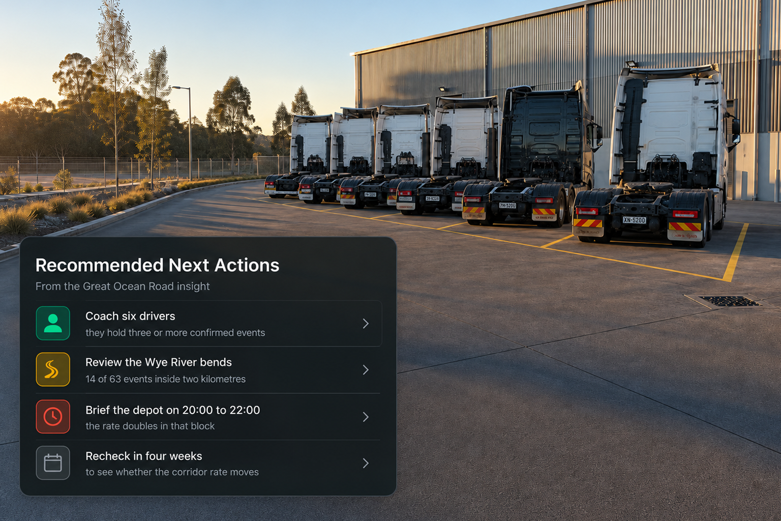 Recommended next actions list with four actions, each with its own explanatory line. 4:3, dark UI.