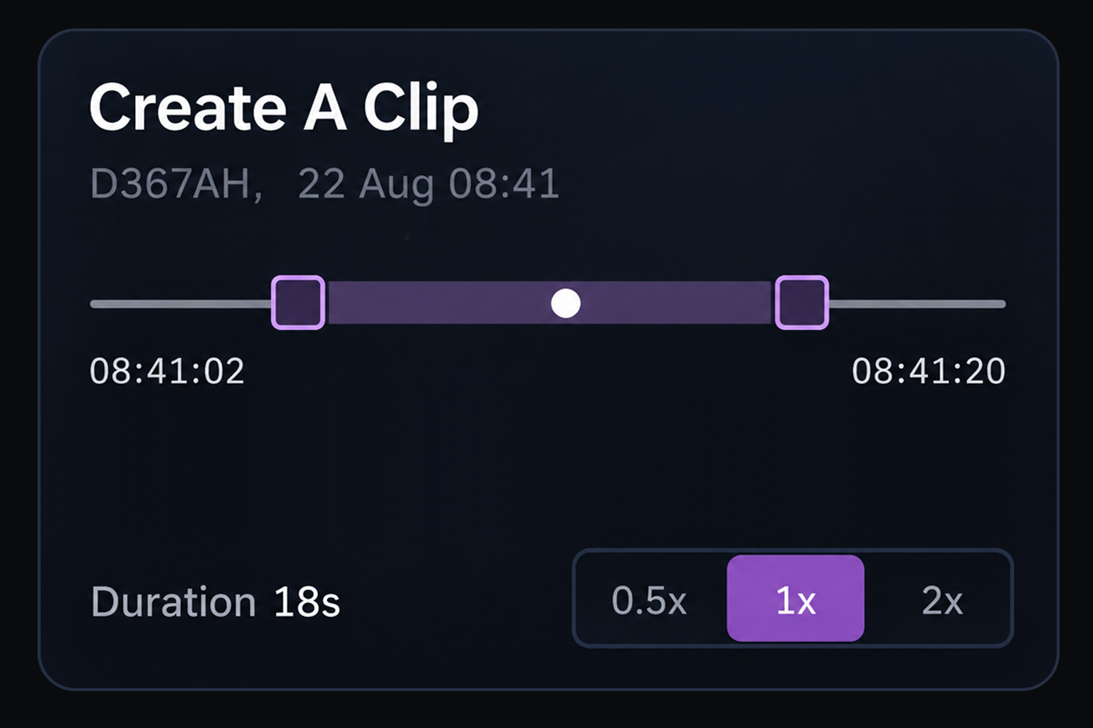 The clip scrubber with start and end handles set around a marked moment, and the playback speed control. 4:3, dark UI.