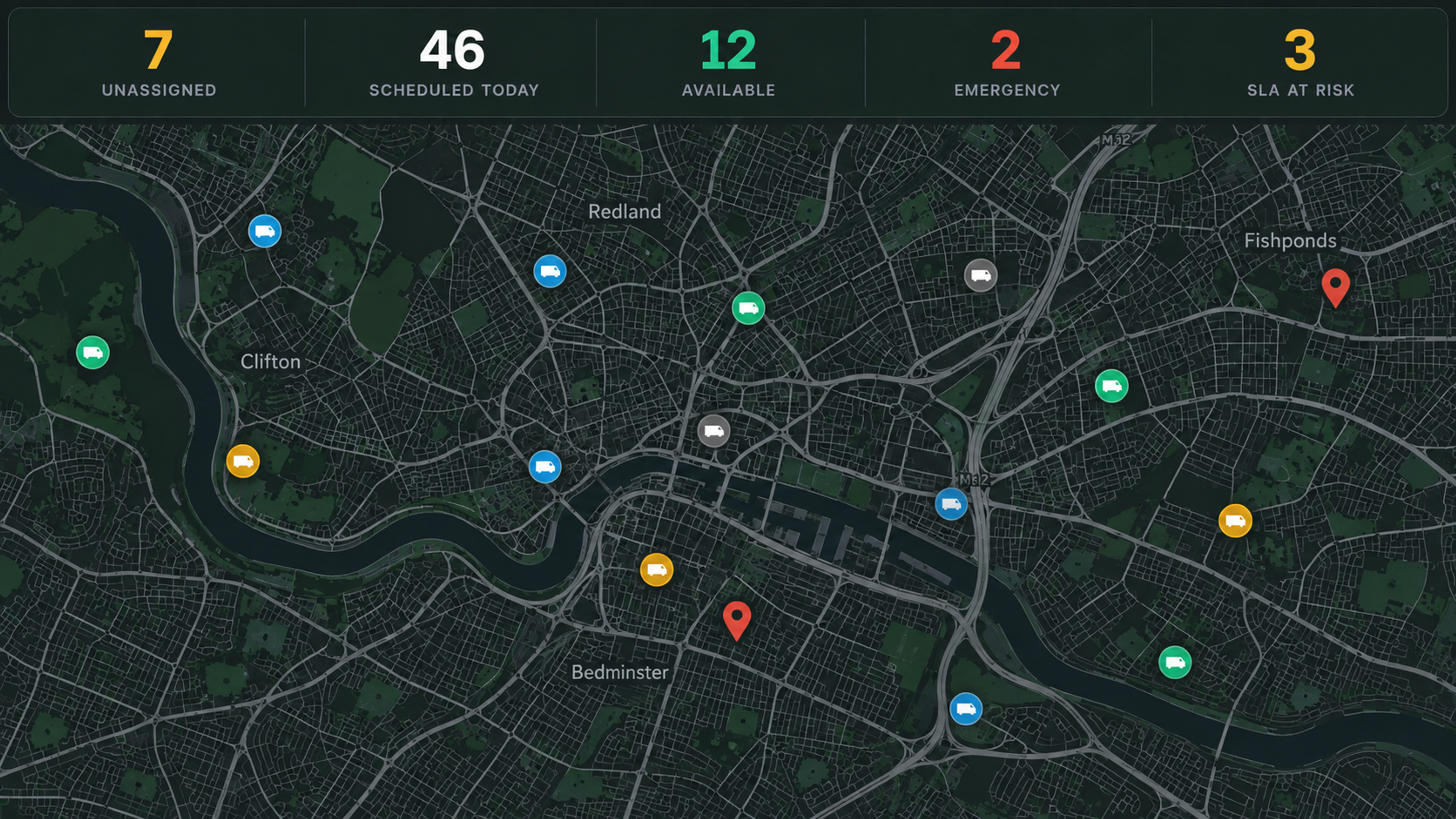 Control centre: job counters over the live map with technician pins by status.