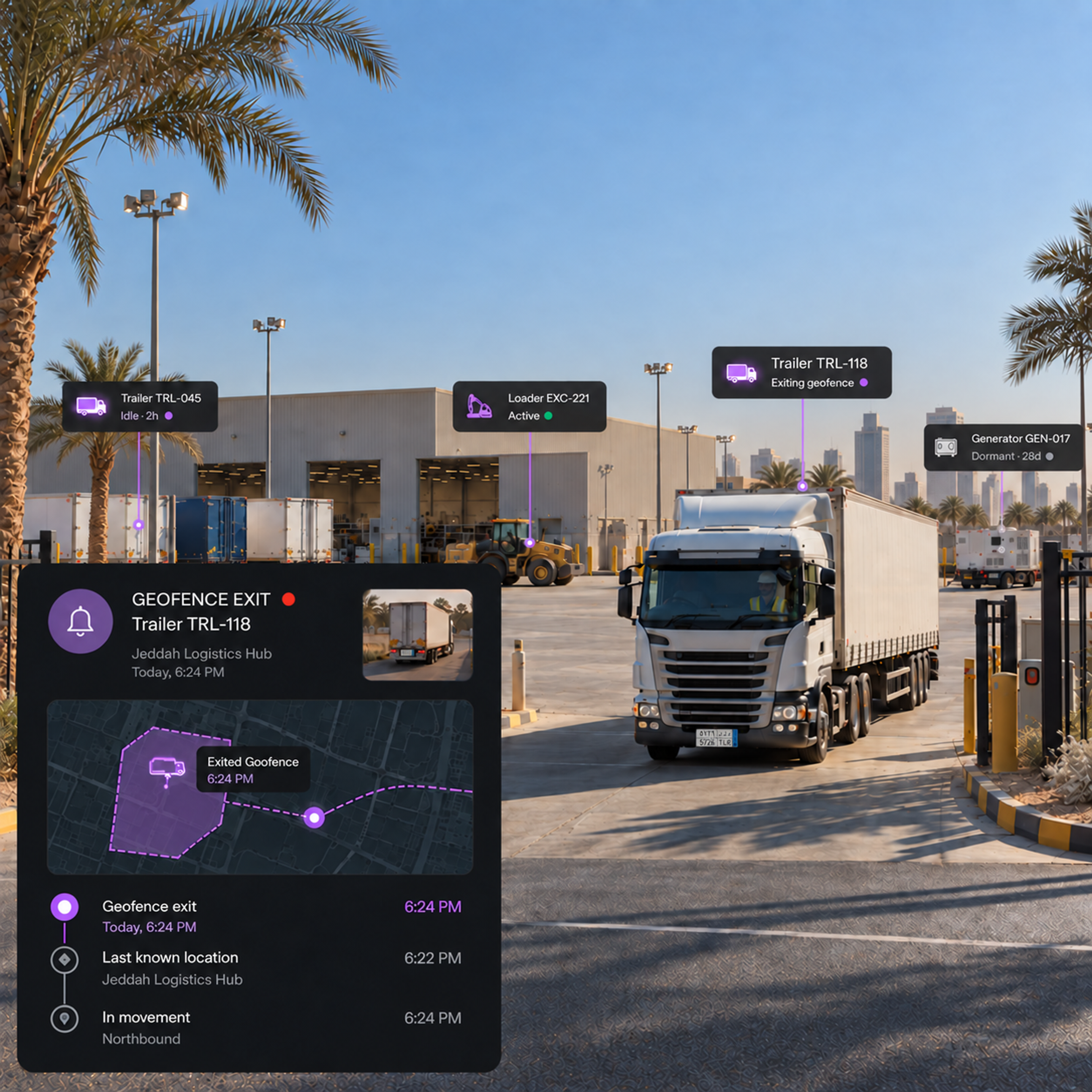 Asset protection workflow: geofence exit, alert raised, investigate with location history, then action, drawn as four connected steps over a map. 4:3, dark UI.