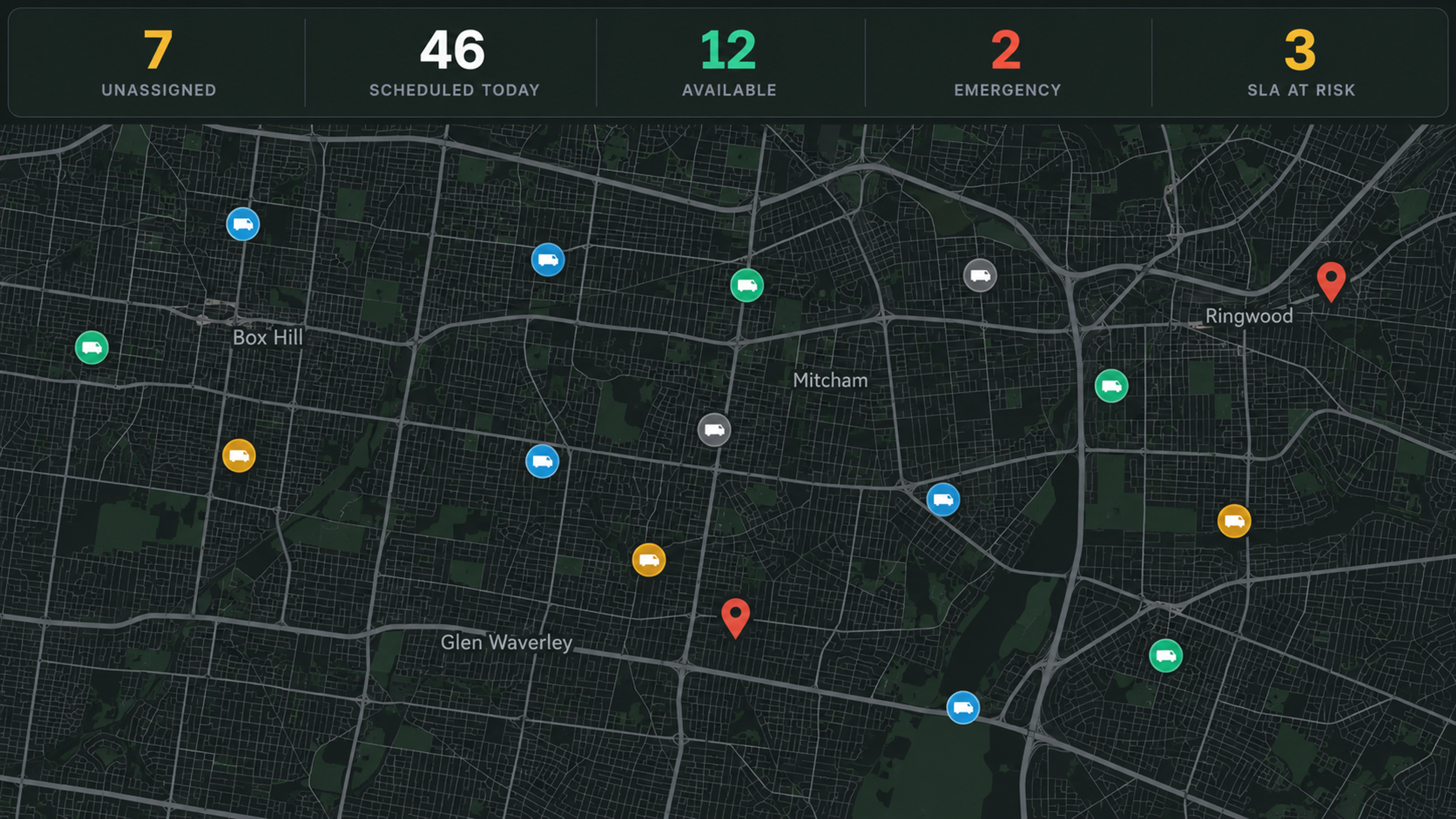 Control centre: job counters over the live map with technician pins by status.