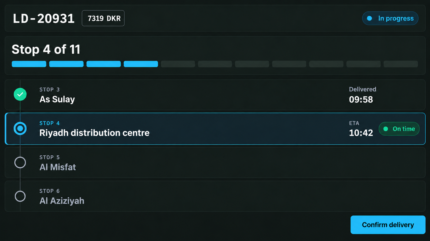 Execution view: a load in progress with stop 4 of 11, the ETA and the confirm-delivery action.