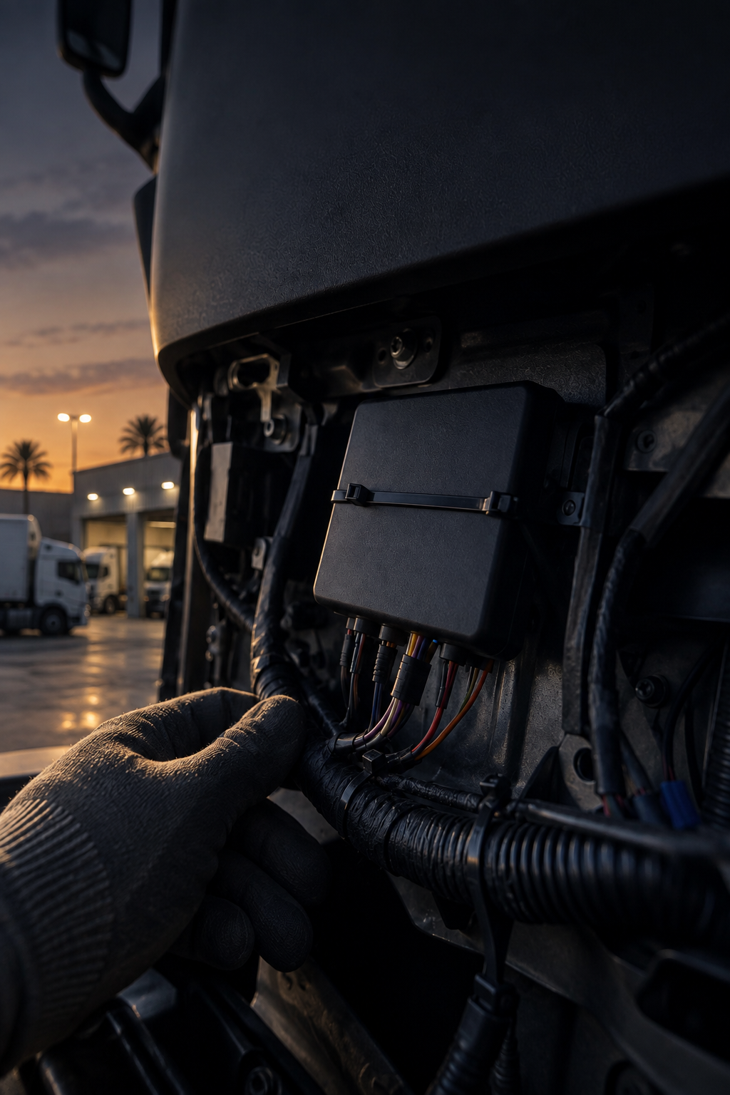 Photograph: a close, quiet detail of a vehicle telematics install. Dark and cool, room at the top, no text in the artwork.