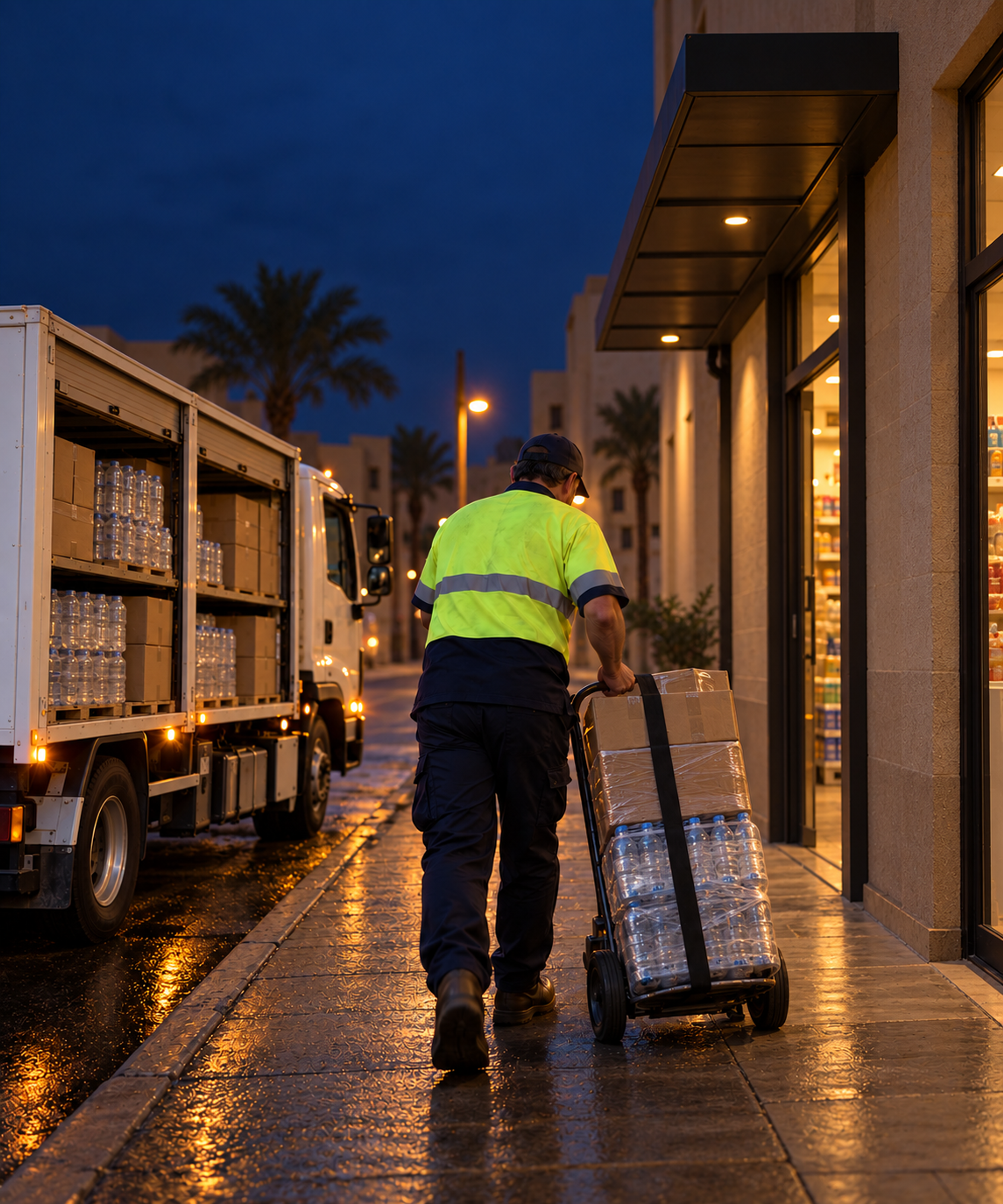 Photograph: a beverage delivery at a venue at dusk. Dark and cool, room at the top, no text in the artwork.