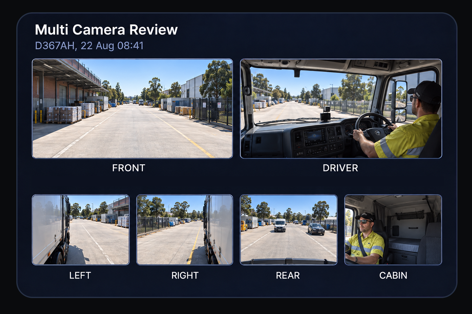 The review panel with six camera views selected, the primary front and driver views large and the remaining four below. 4:3, dark UI.