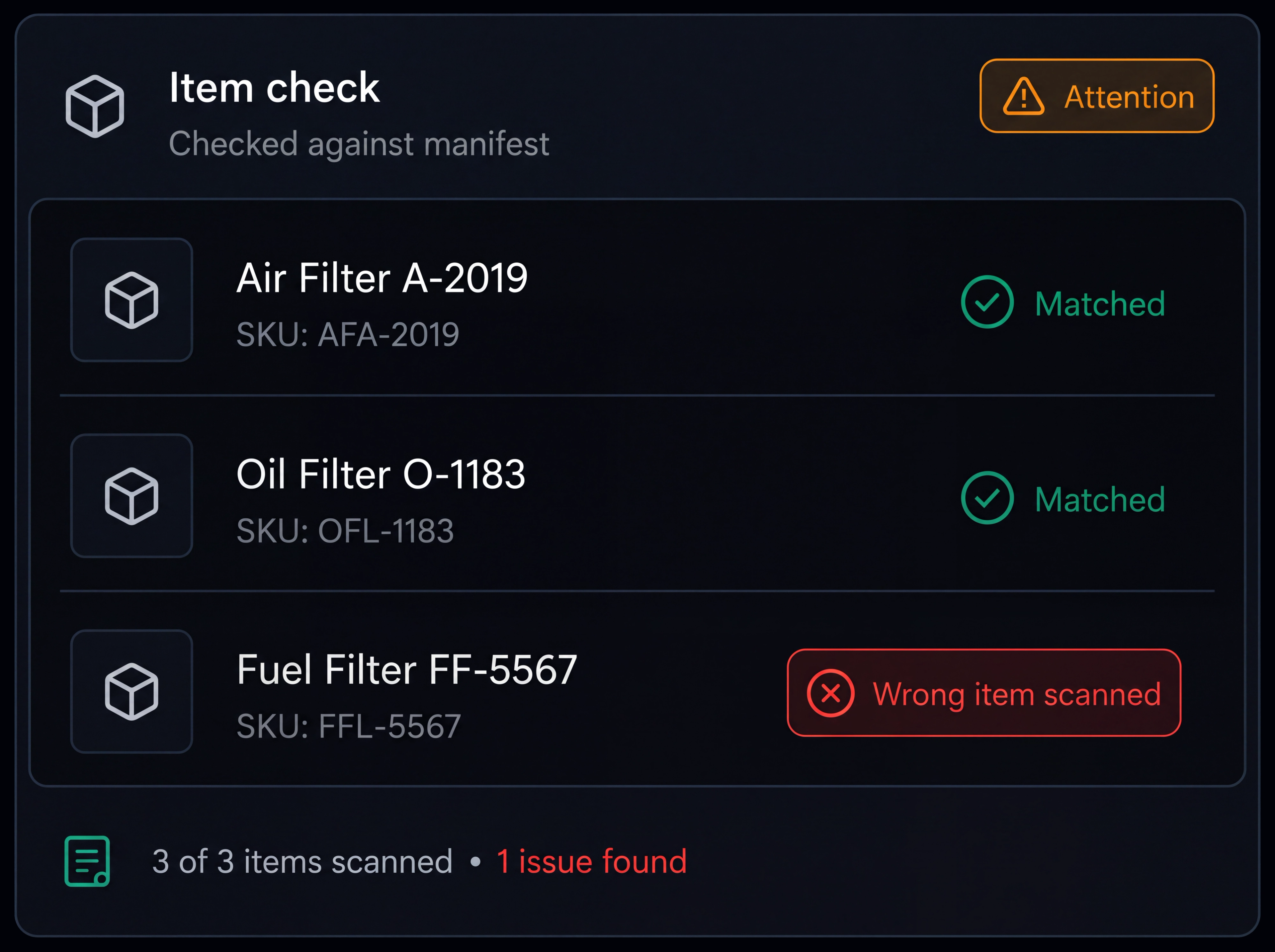 Incorrect items capture against the item list. 4:3.