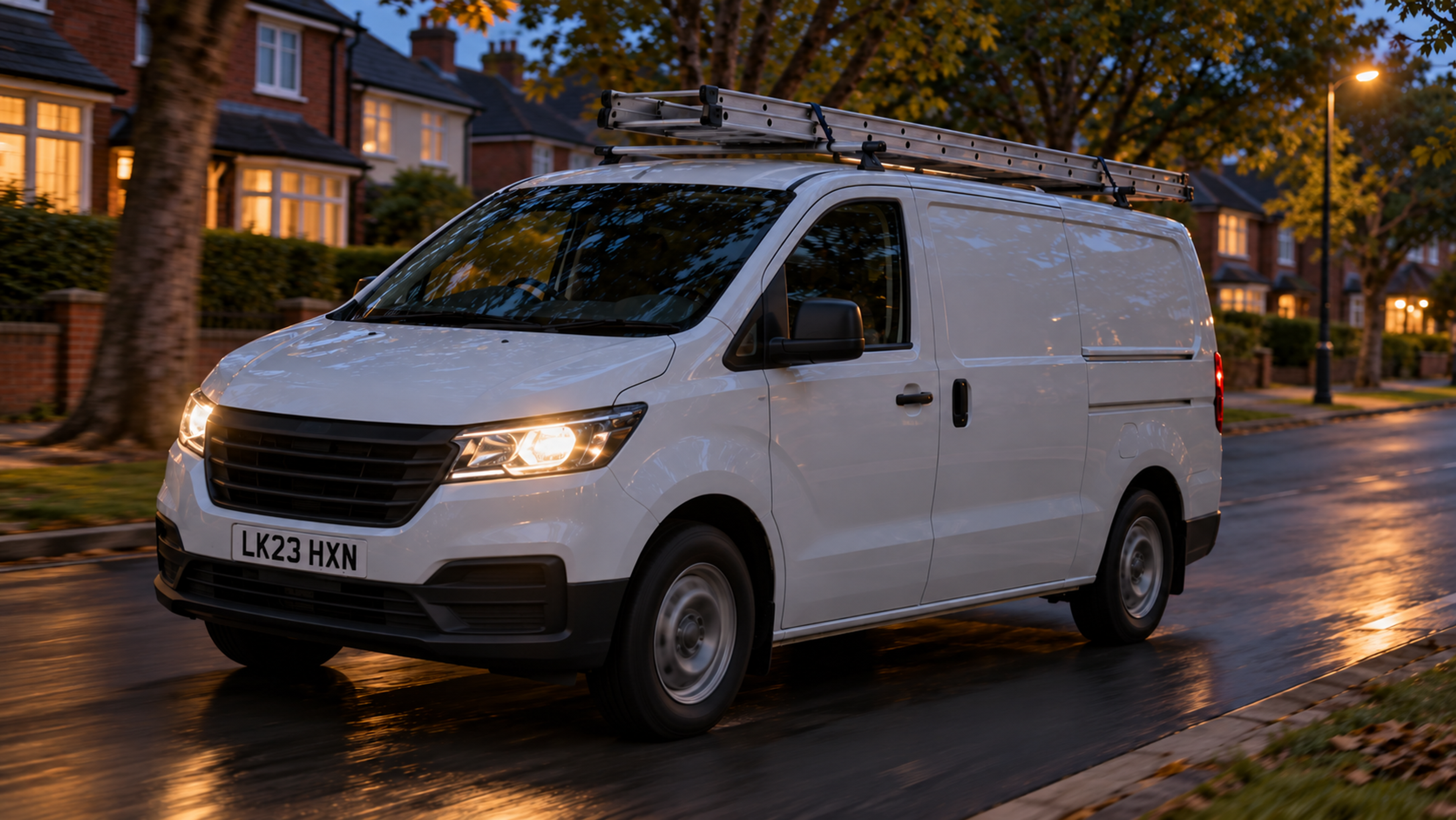 Editorial image: a service van on a suburban street at dusk. No text in the artwork.