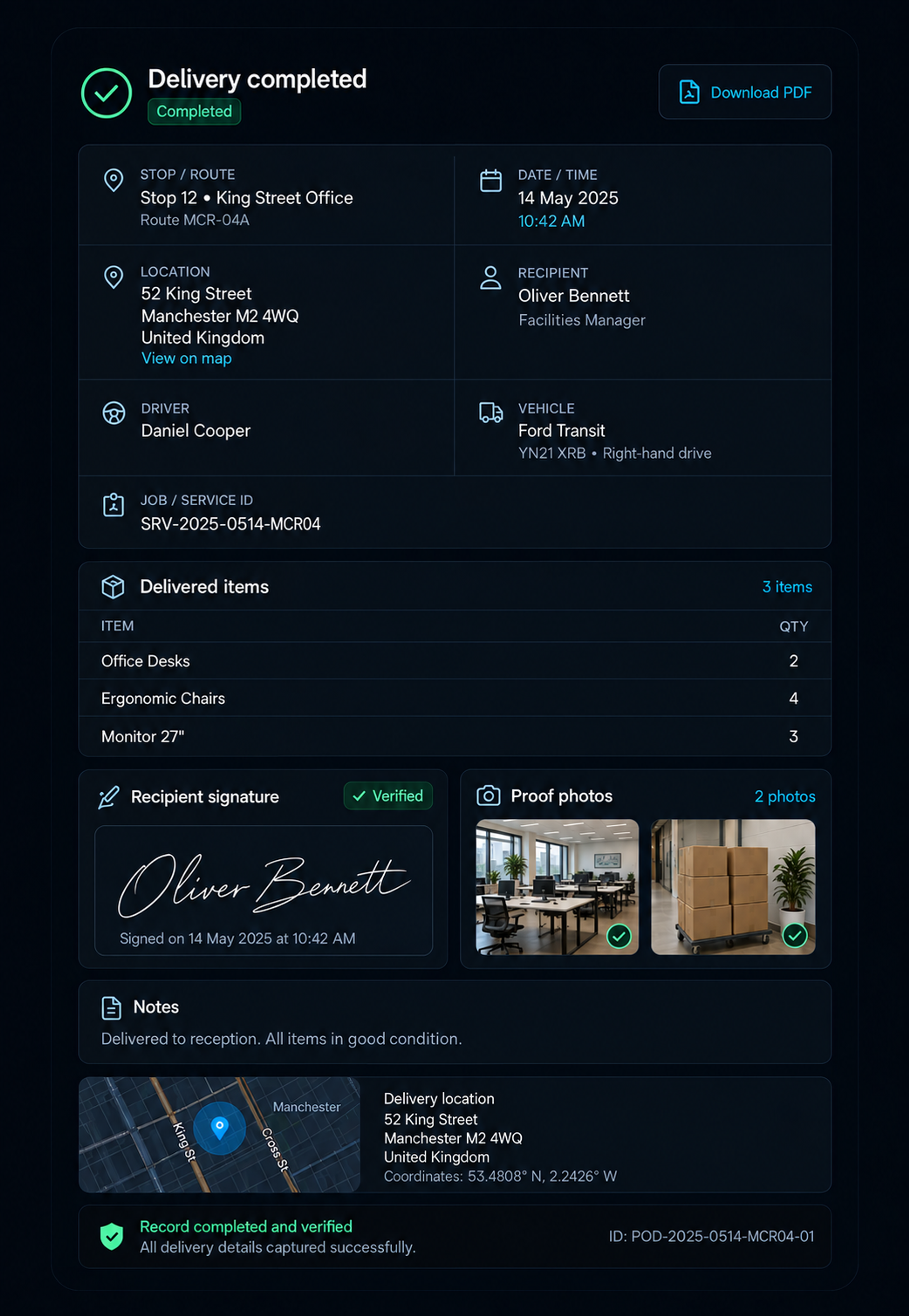 Completed proof record: stop, date and time, location, recipient, driver and vehicle beside the item list, signature and photo. Portrait, 9:13 crop.
