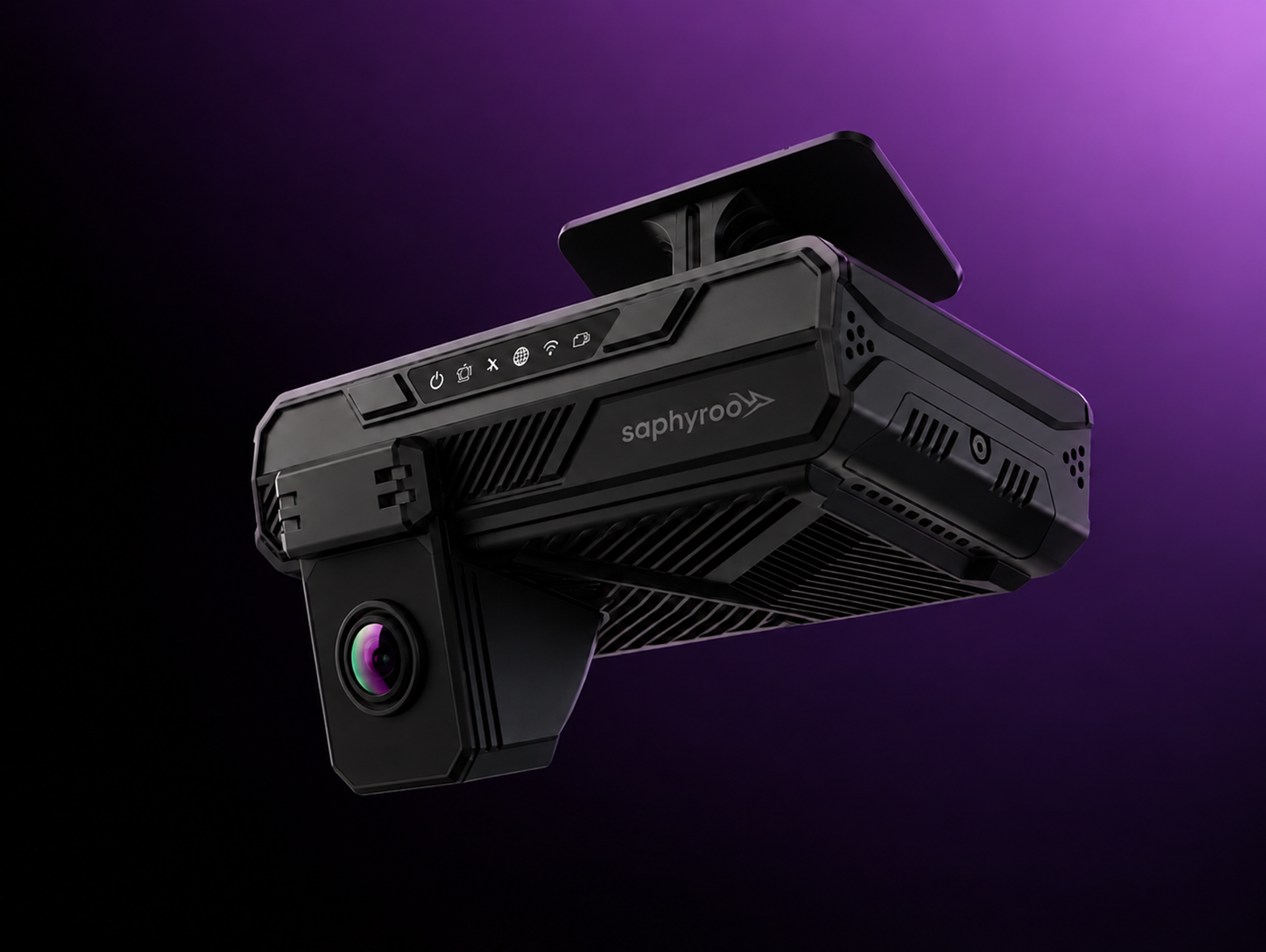 AI dash camera on a plain ground, three-quarter view.