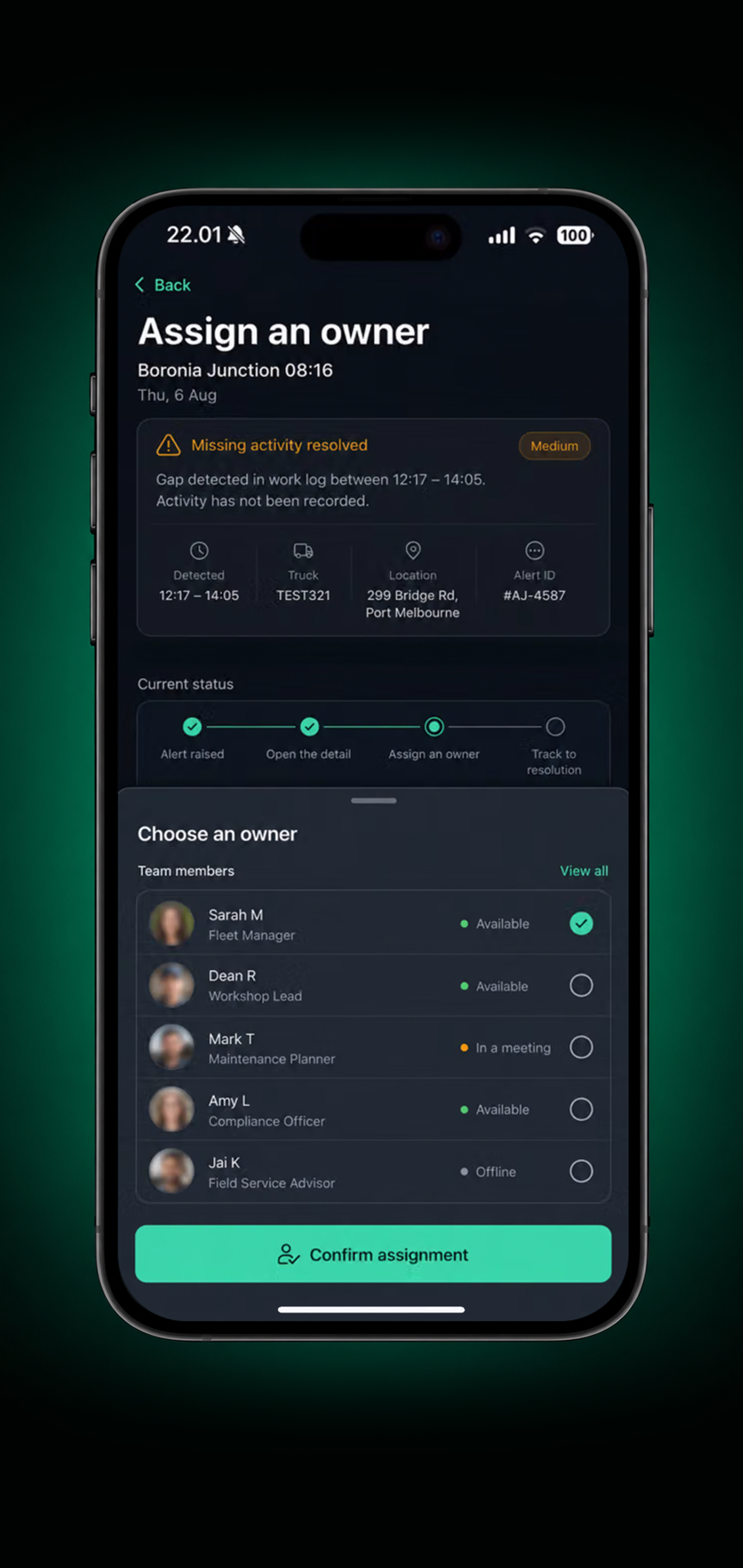 Drive360 app: assigning the exception to an owner