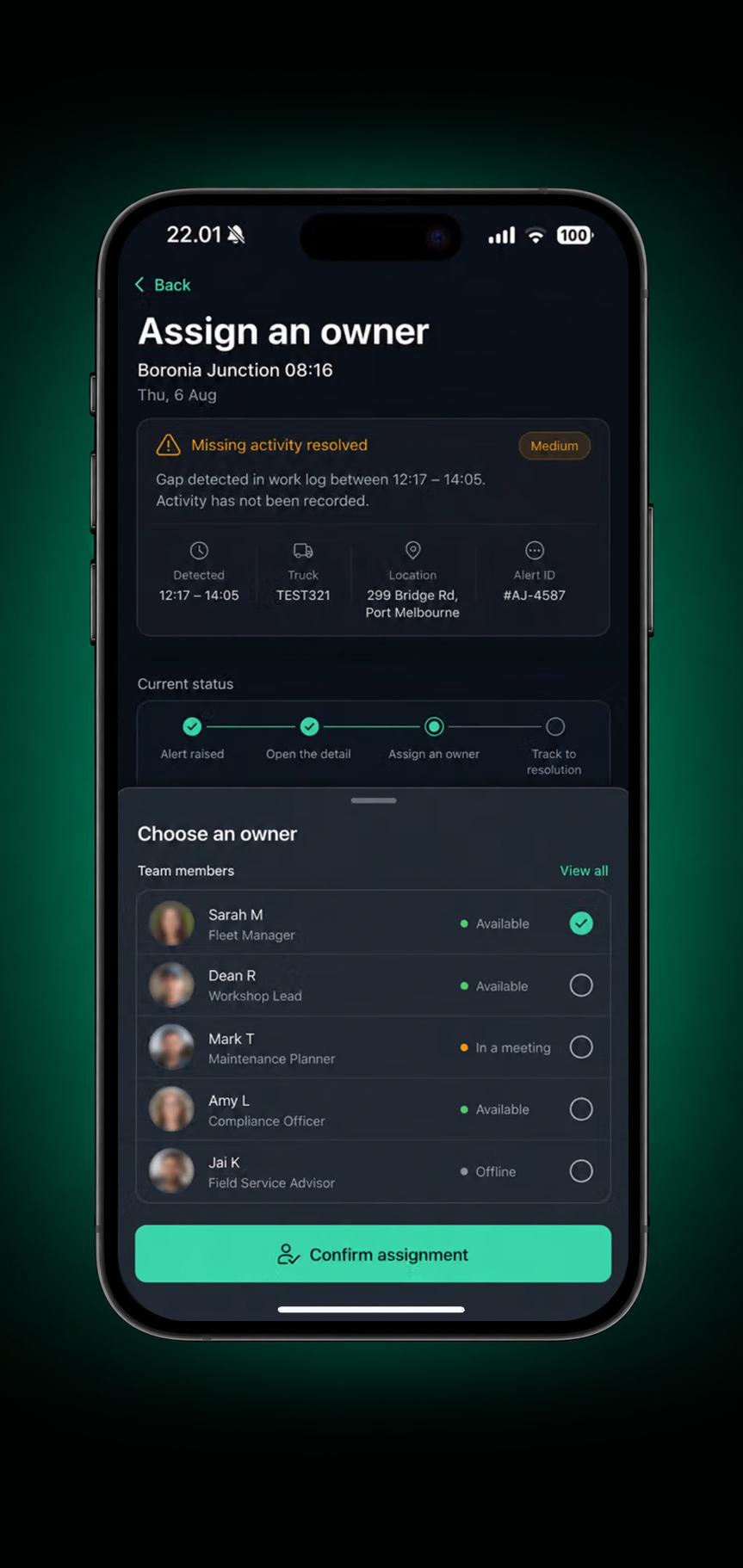 Drive360 app: assigning the exception to an owner