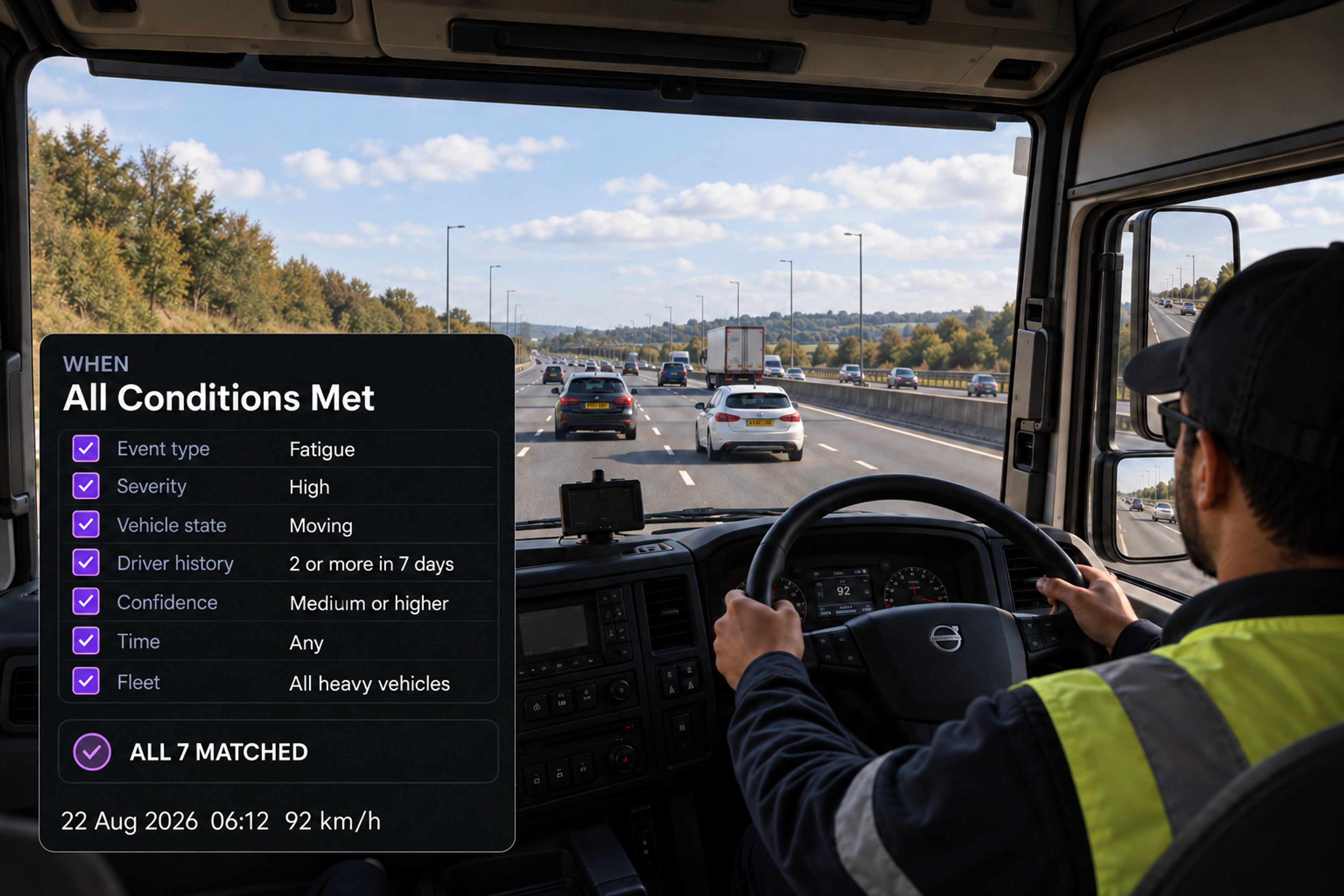 The WHEN column of the rule builder listing event type, severity, vehicle state, driver history, confidence, time and fleet. 4:3, dark UI.