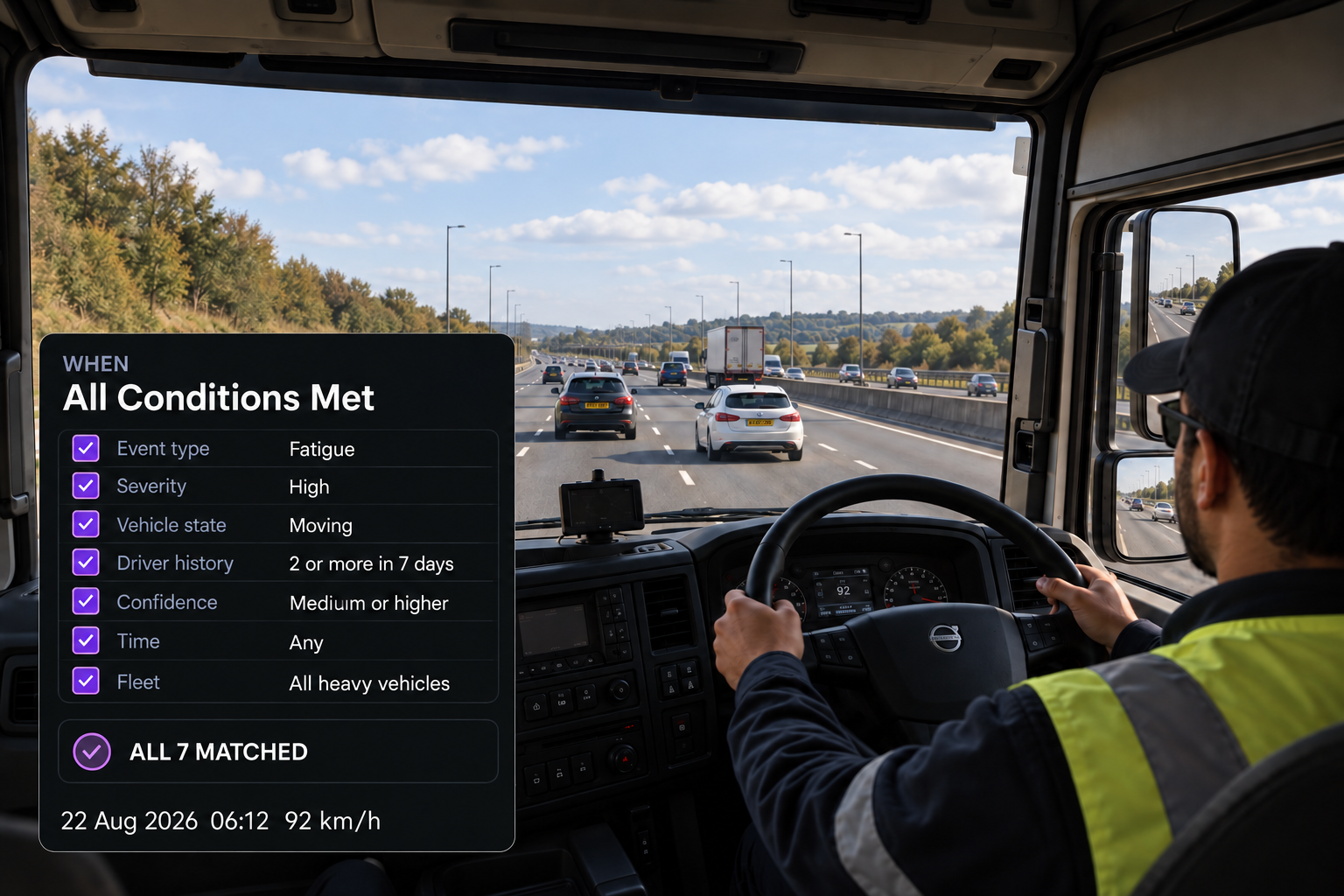 The WHEN column of the rule builder listing event type, severity, vehicle state, driver history, confidence, time and fleet. 4:3, dark UI.
