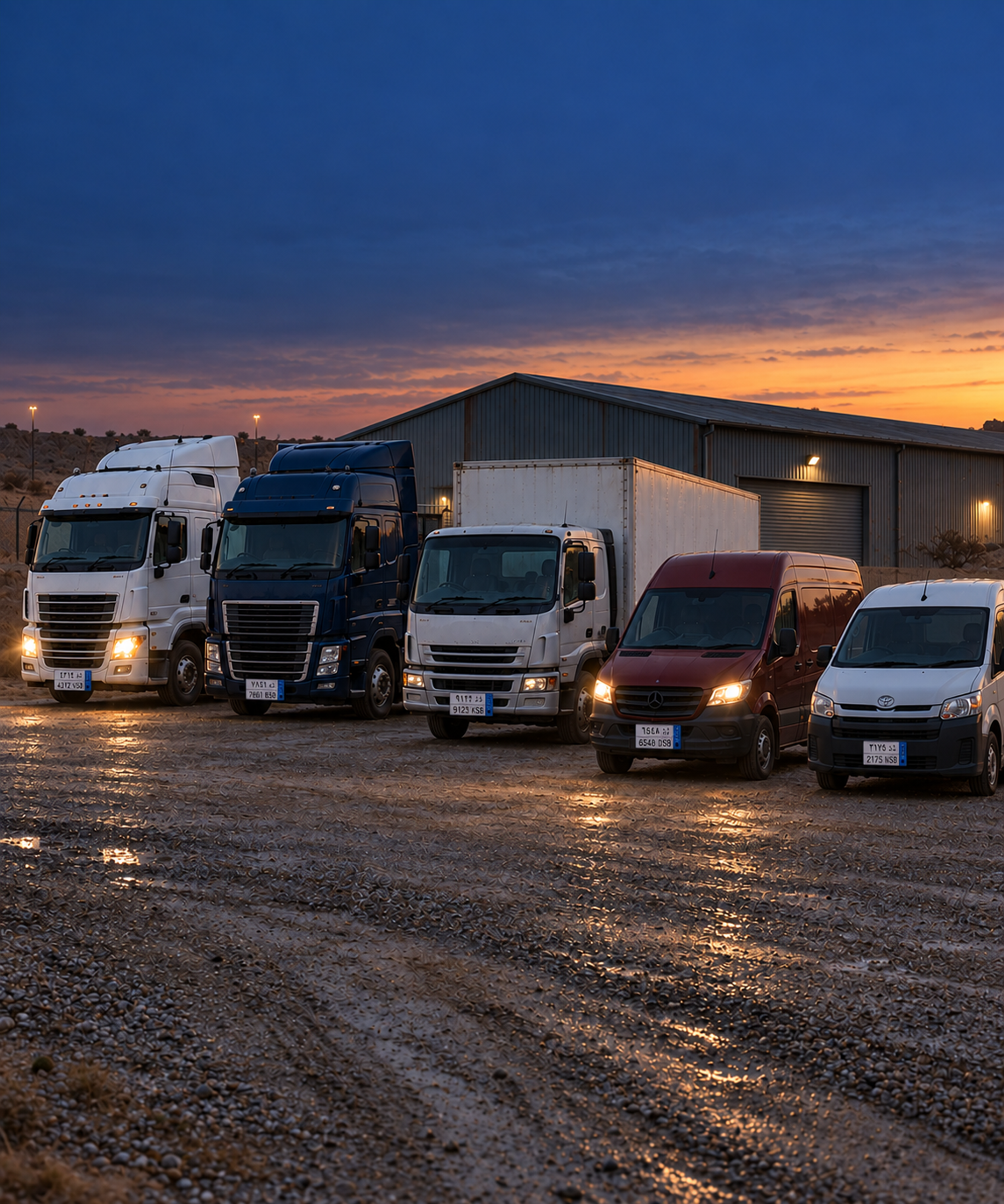 Photograph: a mixed fleet lined up at a depot at first light. Dark and cool, room at the top, no text in the artwork.