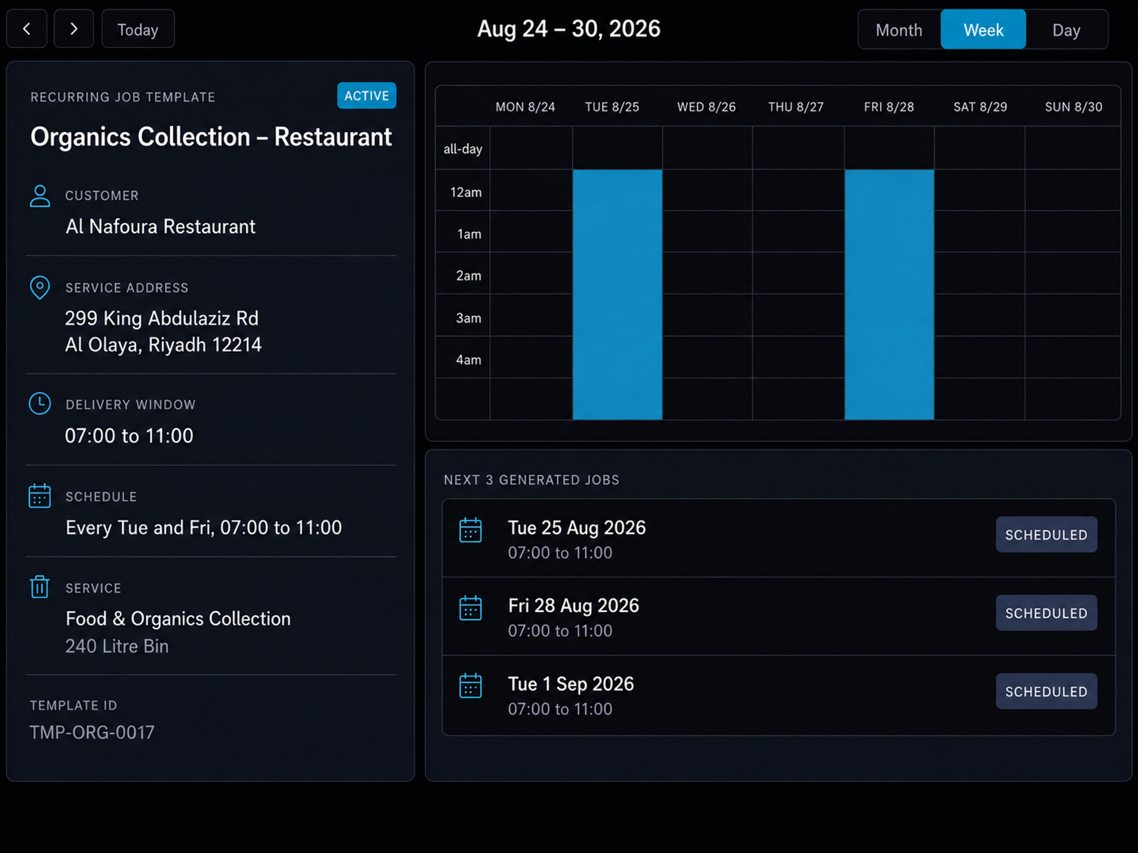 Recurring job template with its schedule and generated occurrences. 16:9, dark UI.