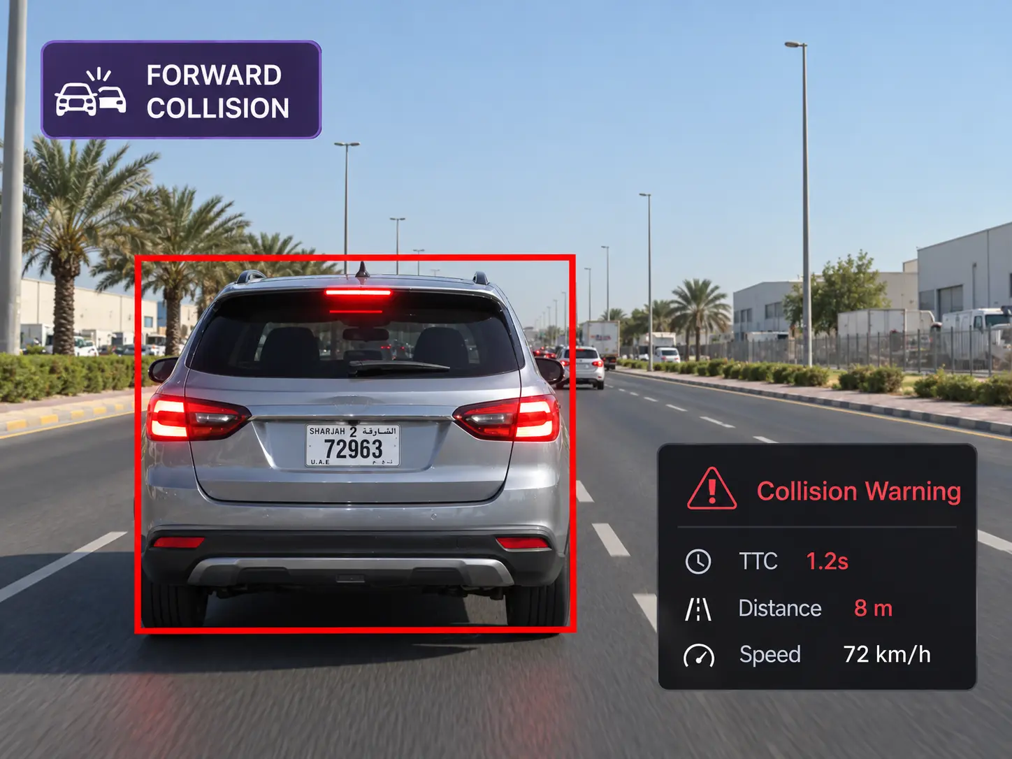 Vision360 forward collision: road-facing frame with the following distance and time-to-collision readout.