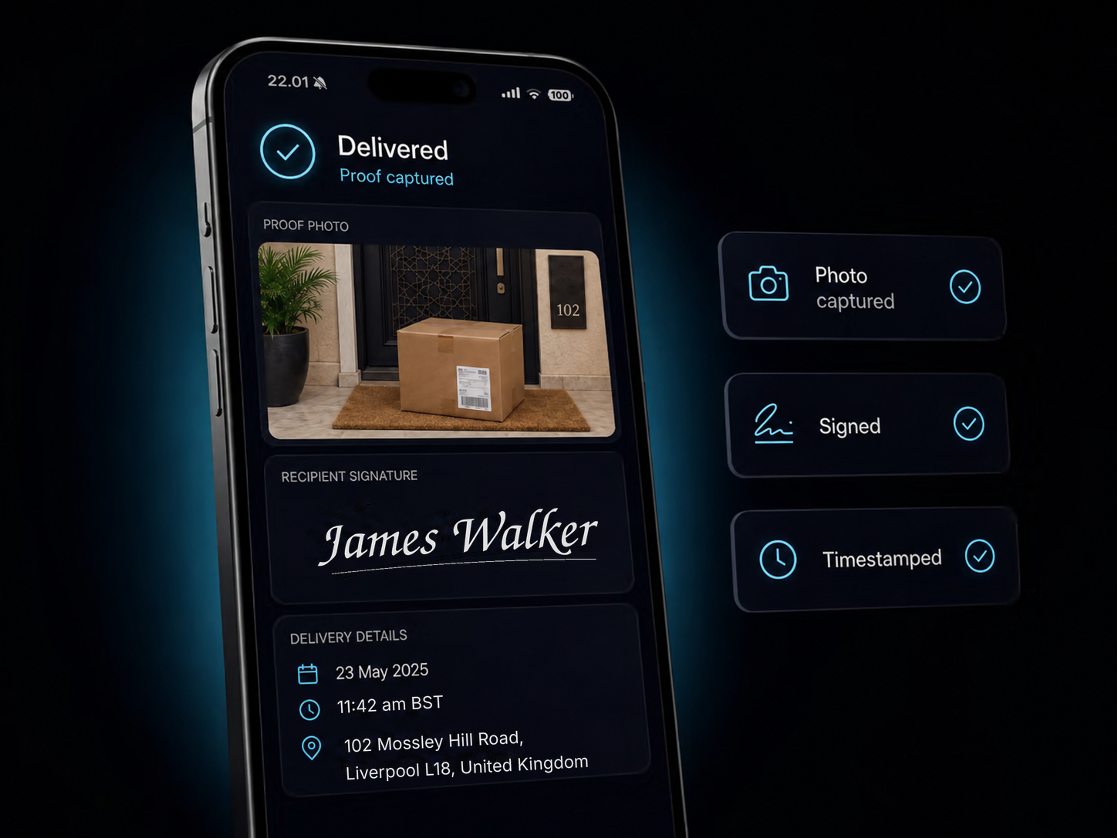 Proof of delivery on a driver's phone: signature, photo and timestamp