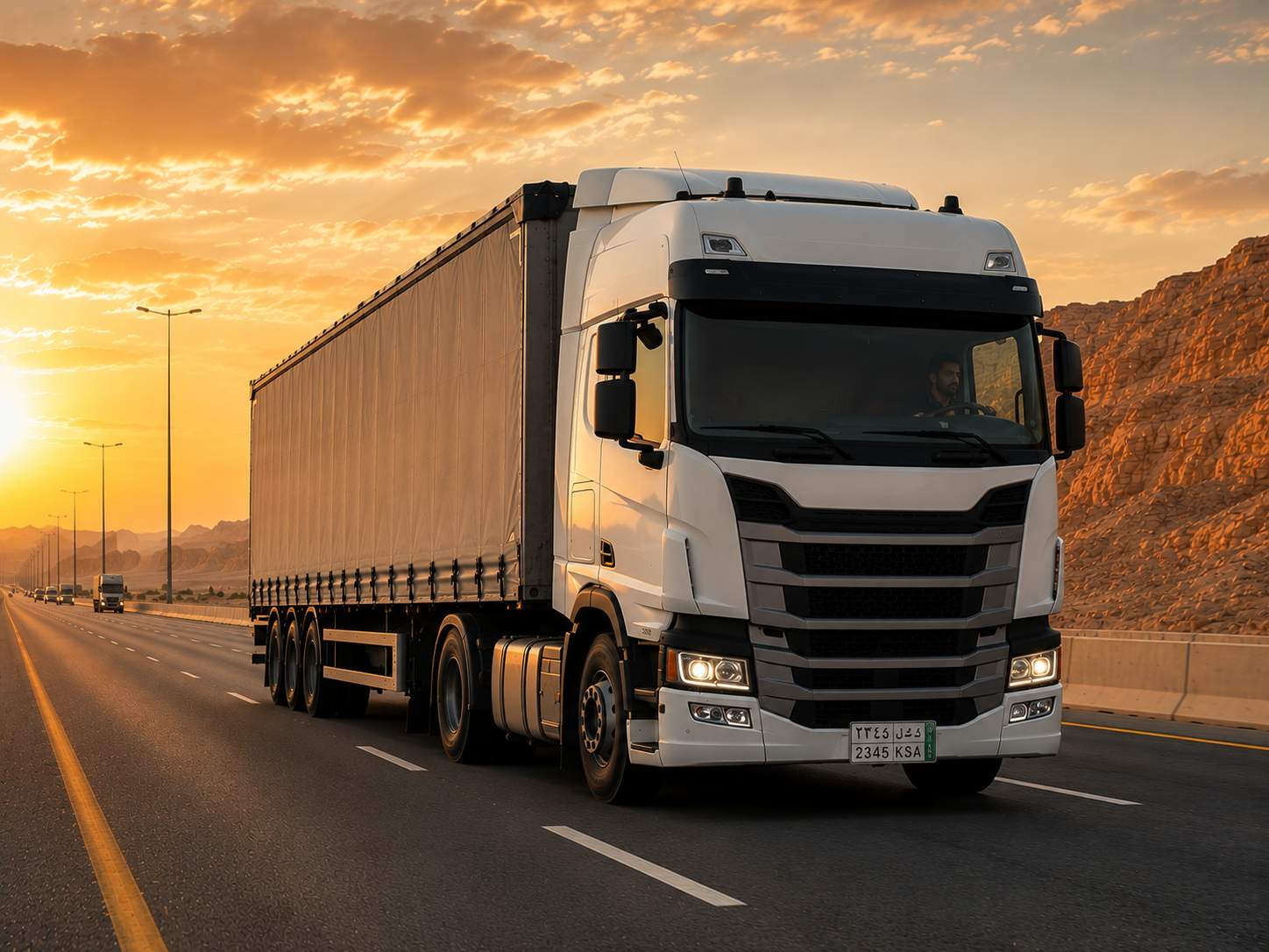 Curtain-side truck on a Saudi desert highway at sunset