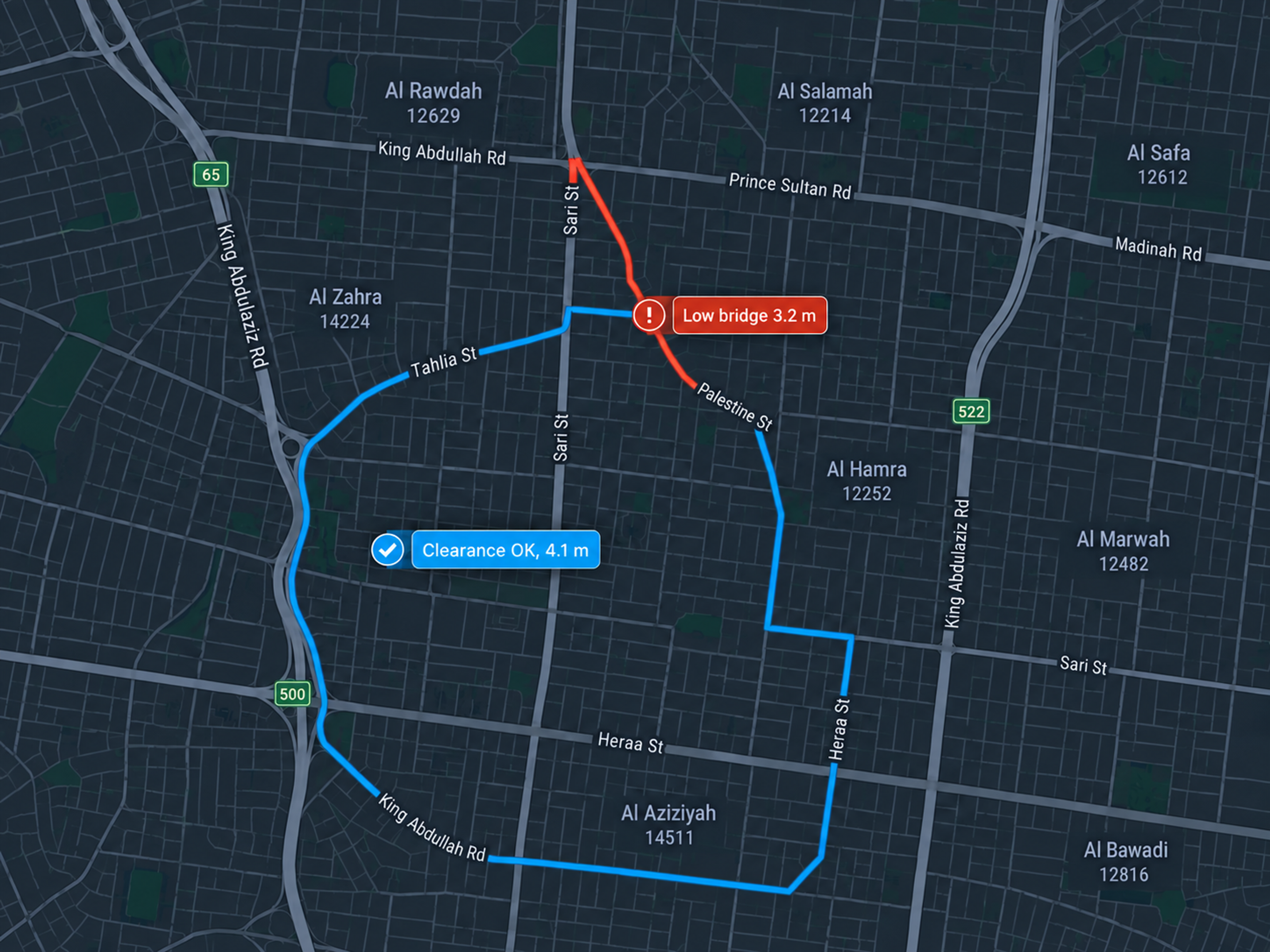 A coach route drawn on the map with a low-bridge warning at 3.2 m rejected and a compliant alternative selected. 16:9.