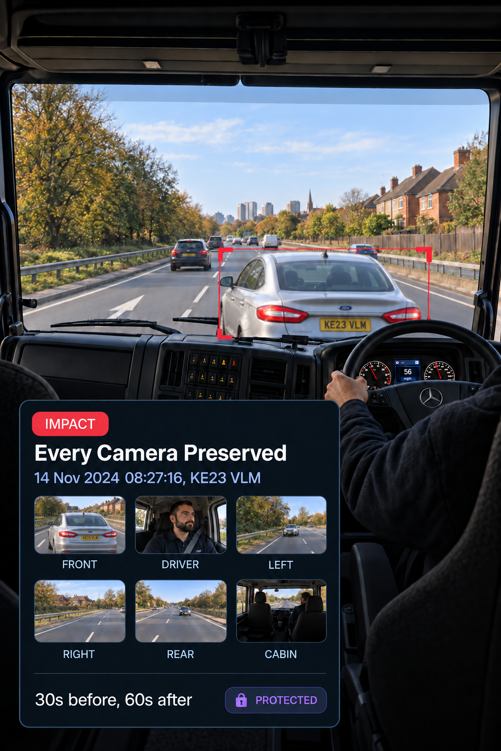 Photograph: a damaged rear quarter of a vehicle on a hard shoulder, no people. Portrait 3:4, dark and cool, room at the top for a heading, no text in the artwork.