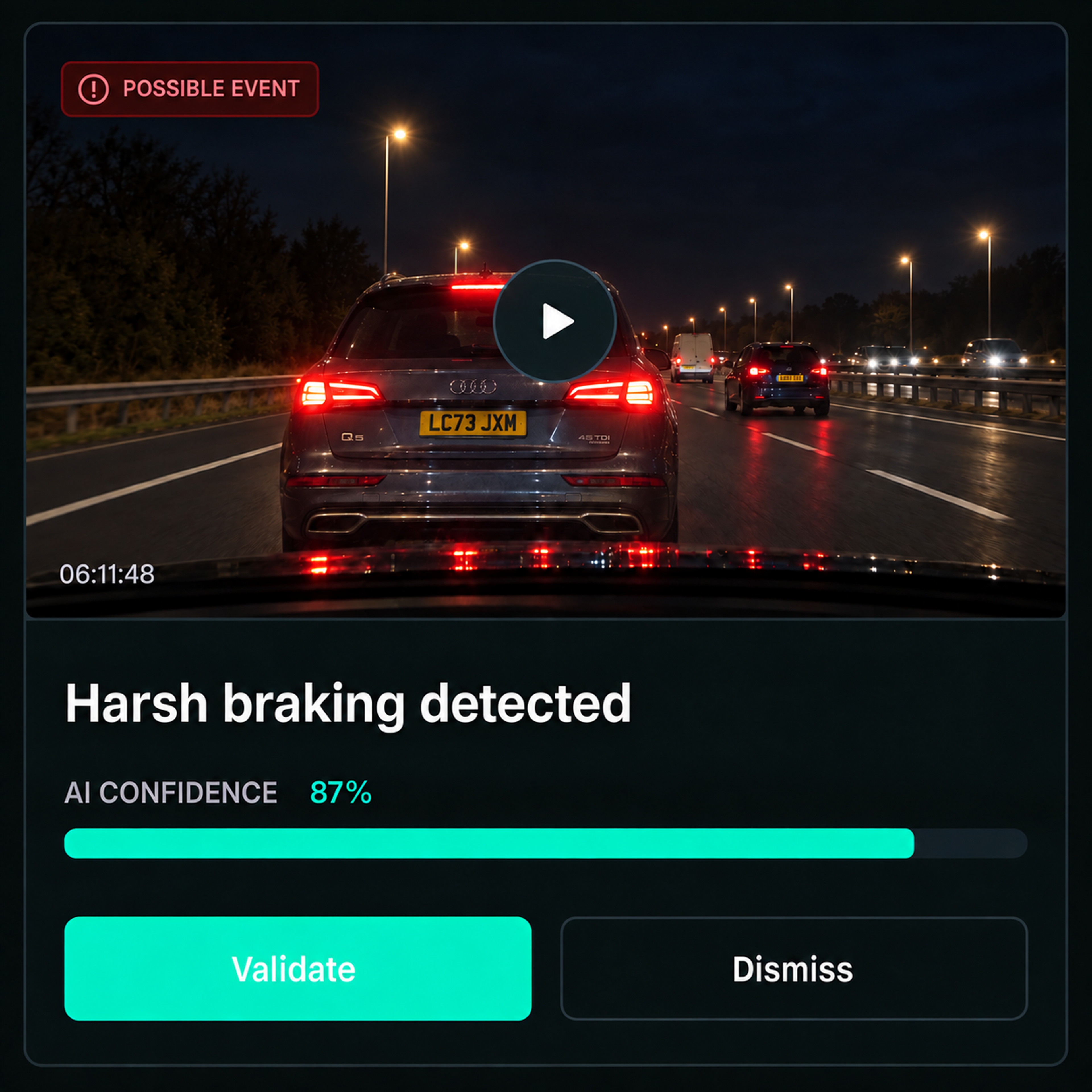 A possible event awaiting validation, with the clip and AI confidence beside it.
