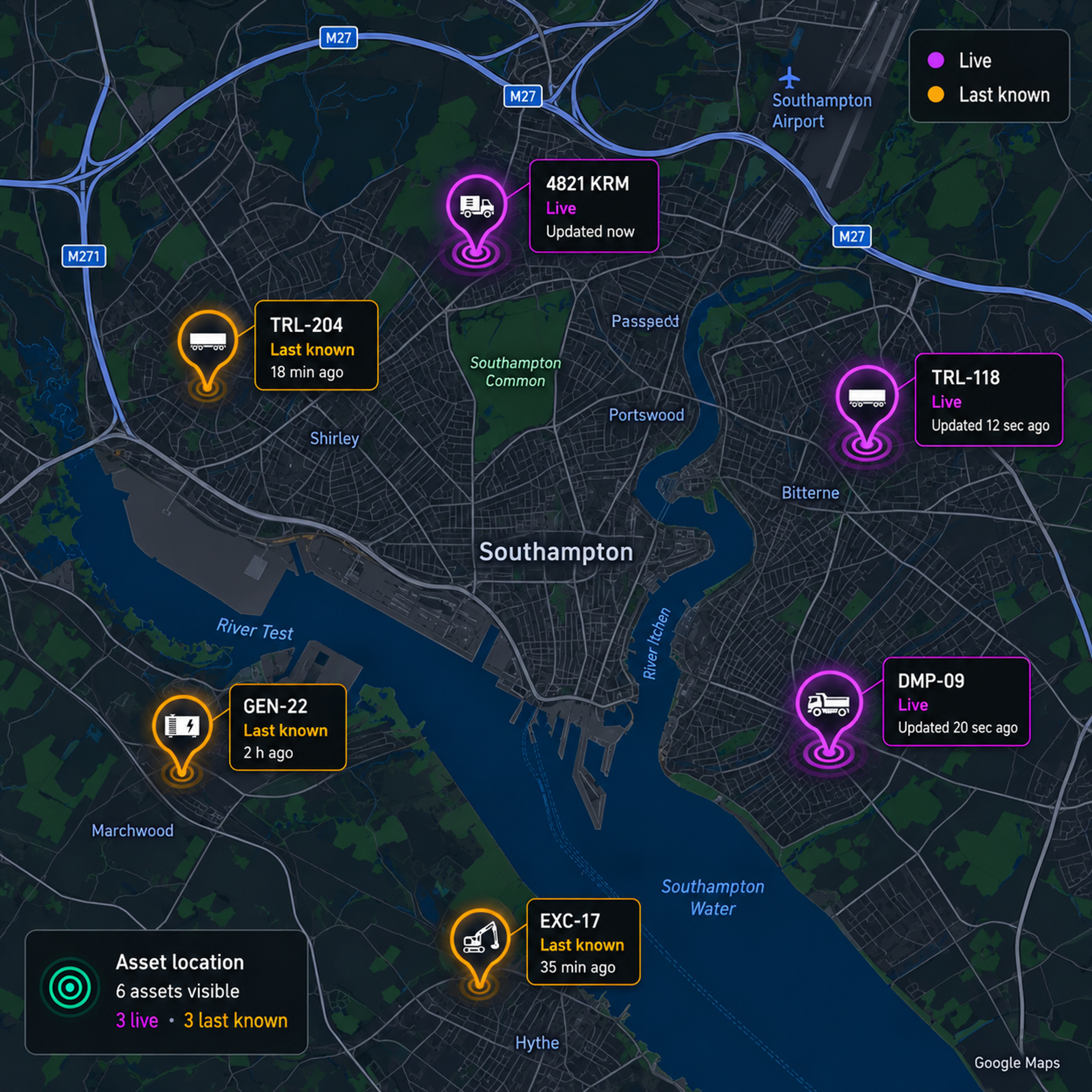 Asset map with live and last-known pins distinguished, and their timestamps. 4:3, dark UI.