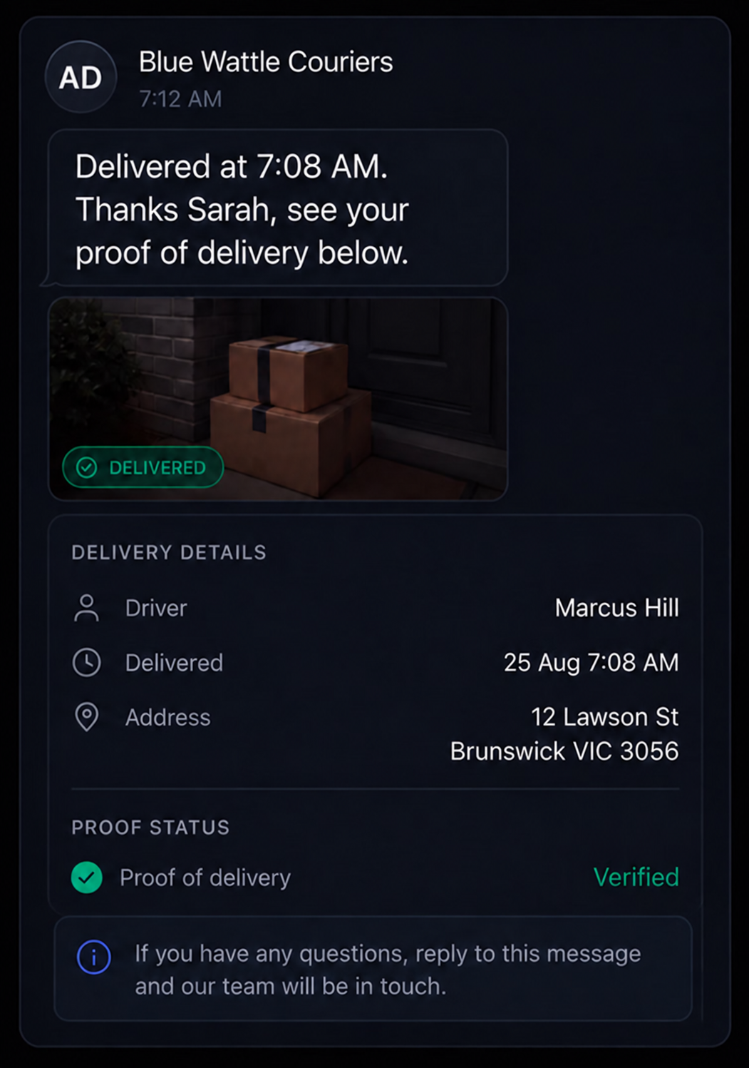 Delivery completed message with proof attached. 4:3.