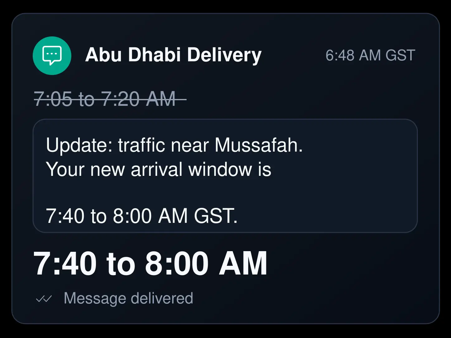 ETA update message with the new window. 4:3.