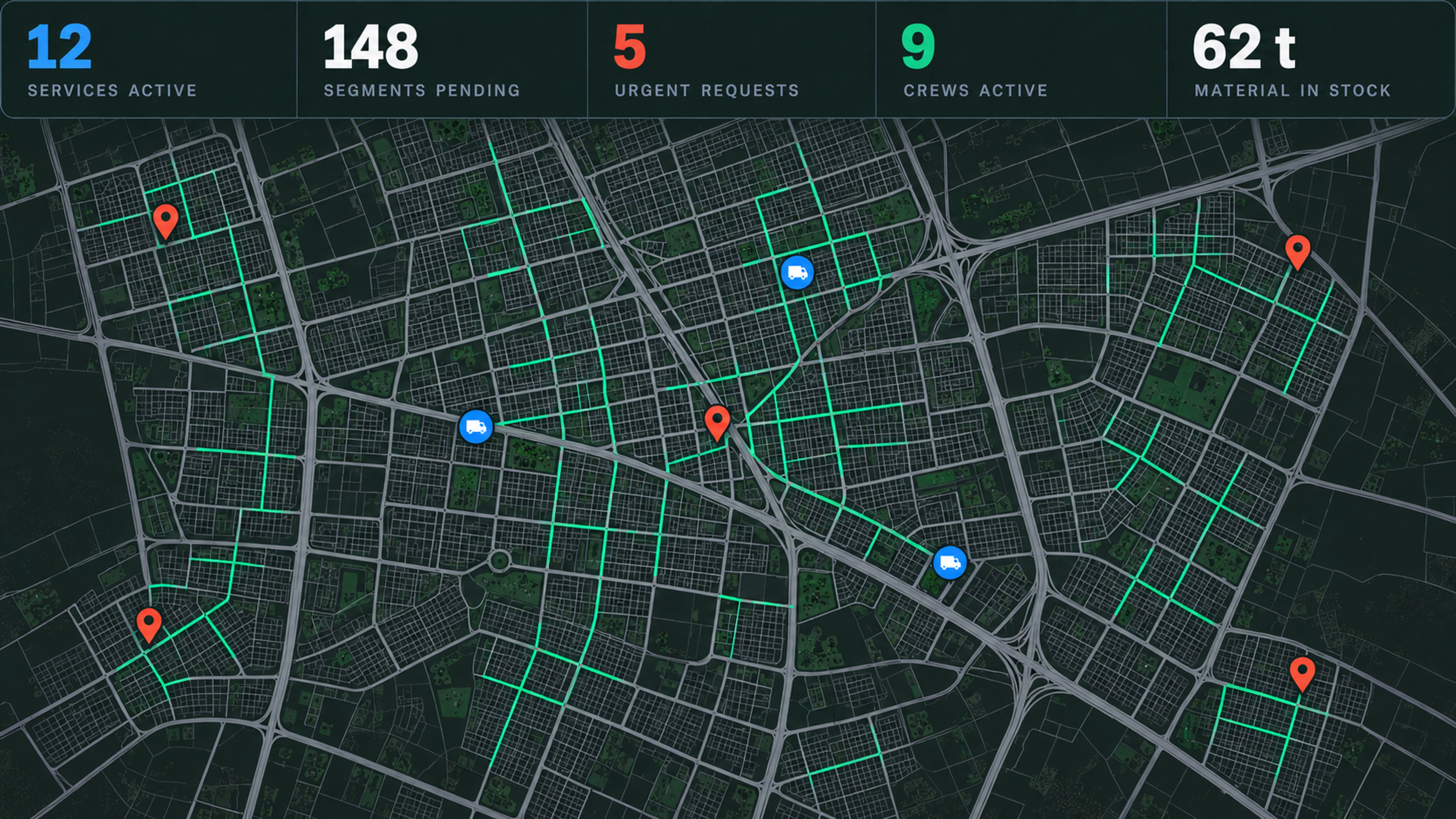 Control centre: service counters over the coverage map.