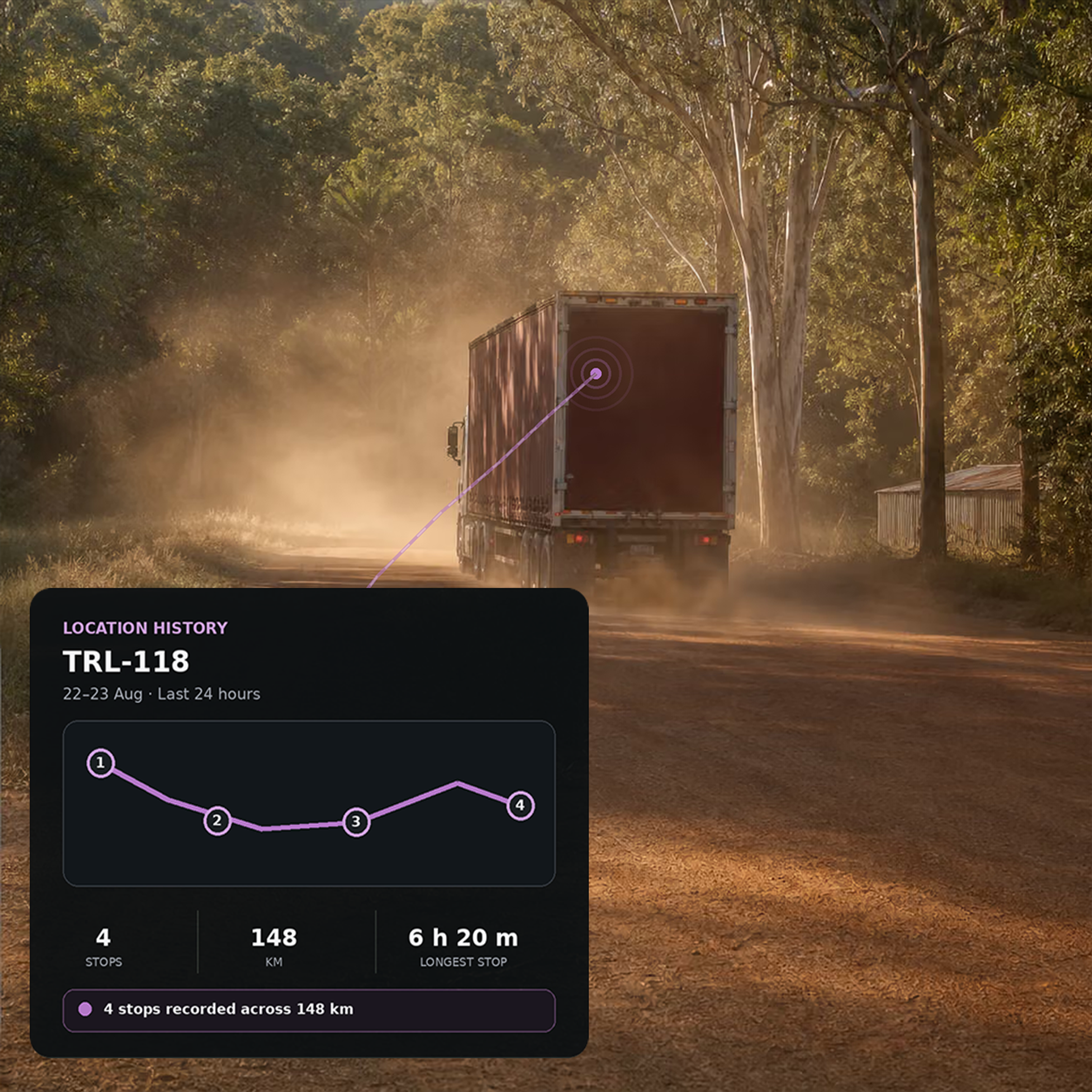 Location history playback with the traced route and stop markers. 4:3, dark UI.