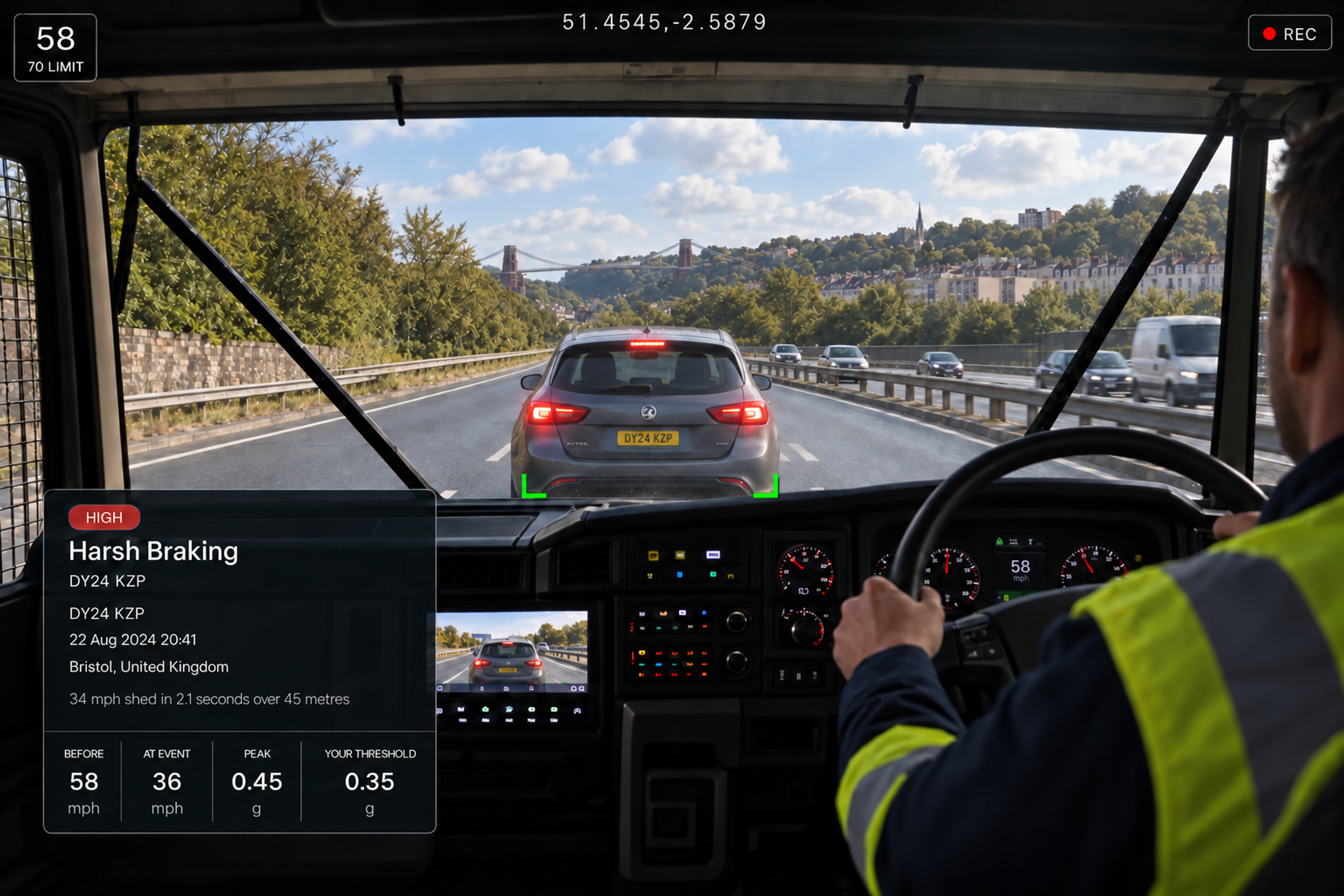 Vision360 harsh braking event review: the harsh braking header with its event ID, road-facing video in the wet with the event marker on the timeline, thirty seconds either side, the synchronised camera view strip across front, driver, left, right, rear and cabin, and the event summary with speed before, speed at event and delta. 4:3, dark UI, 2000x1500.