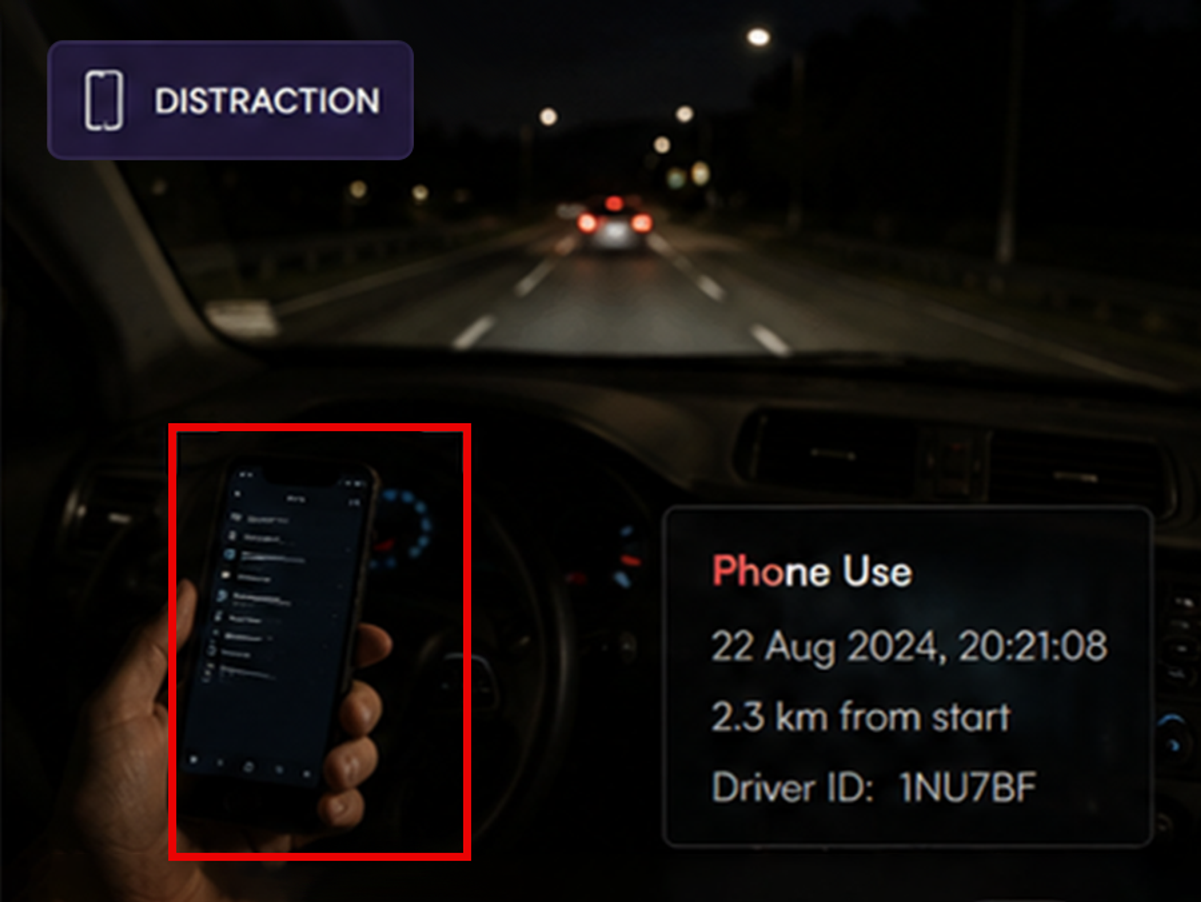 Vision360 distraction detection: a frame flagged for phone use with the event detail beside it.