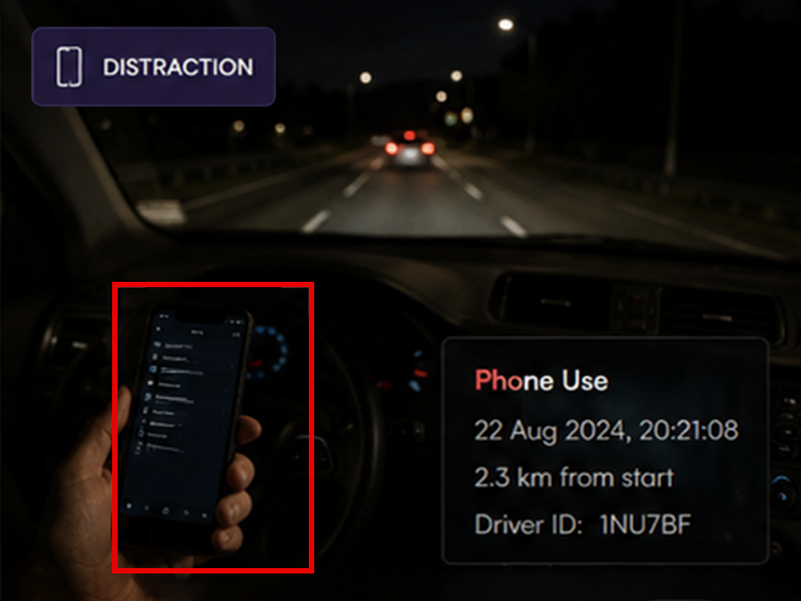 Vision360 distraction detection: a frame flagged for phone use with the event detail beside it.