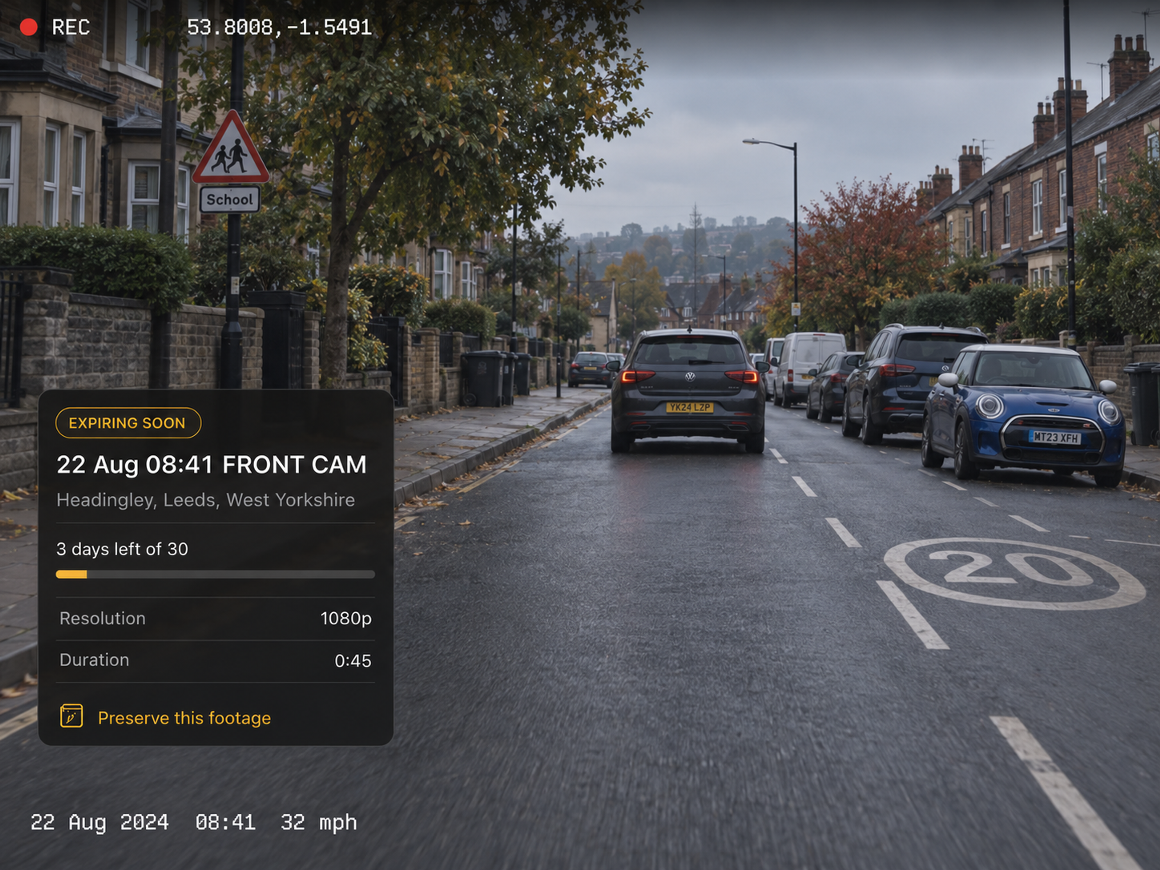 The expiring-soon state on a result, with the retention indicator and the preserve action. 4:3, dark UI.