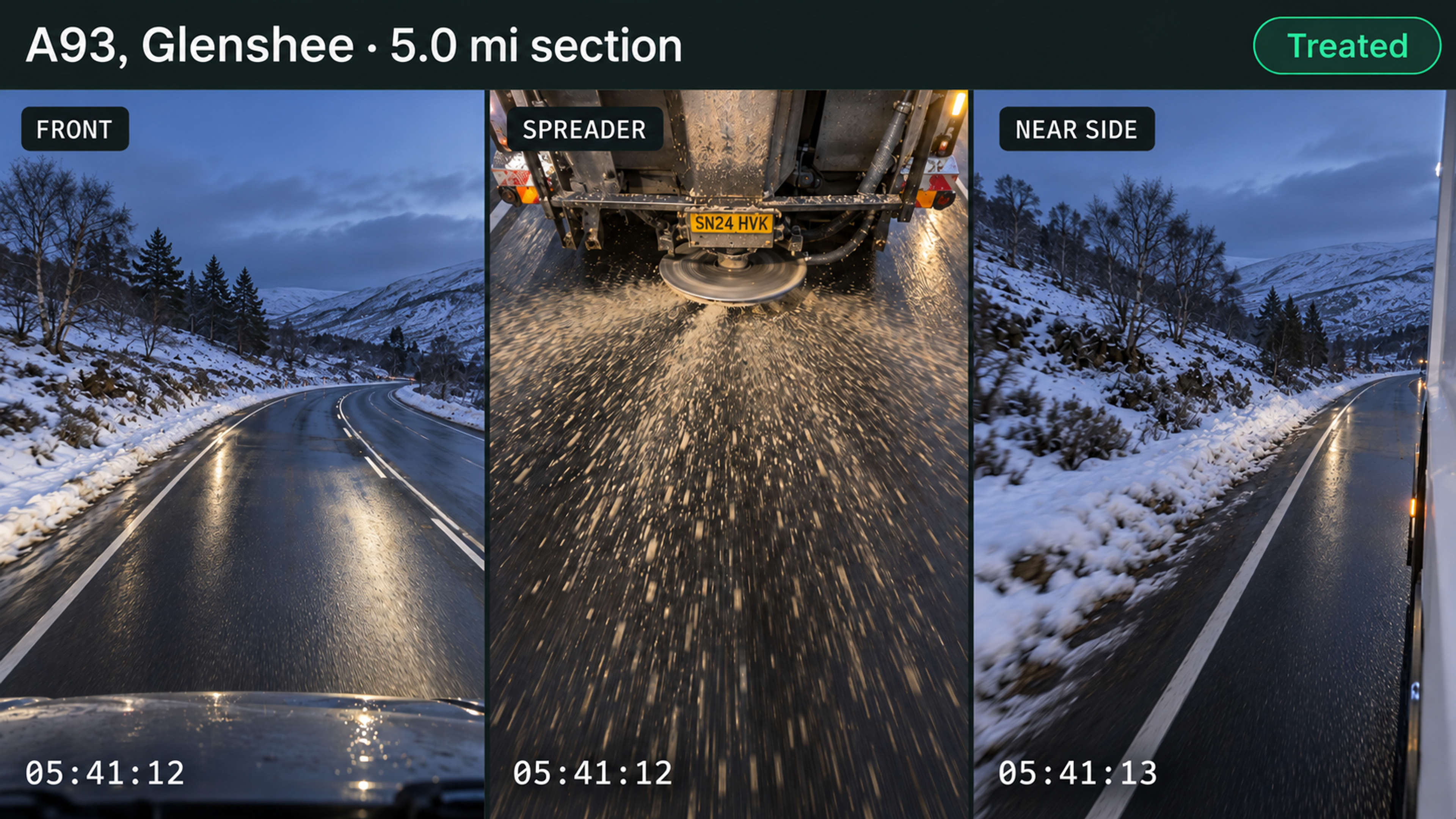 Service verification: front road, spreader and near-side camera views with timestamps.