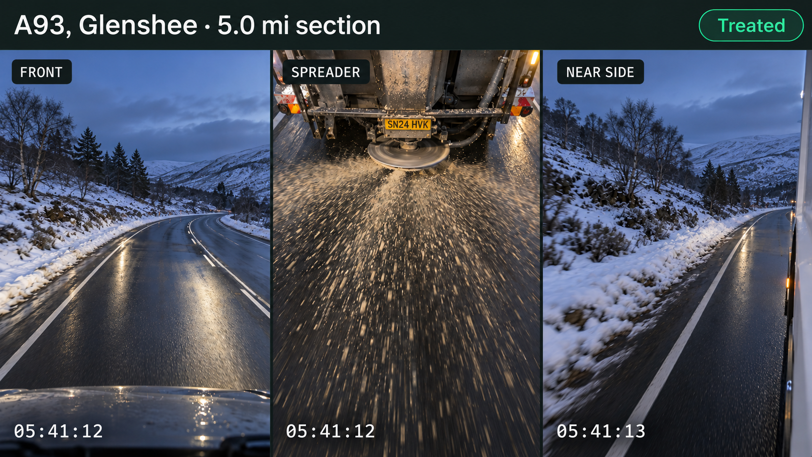 Service verification: front road, spreader and near-side camera views with timestamps.