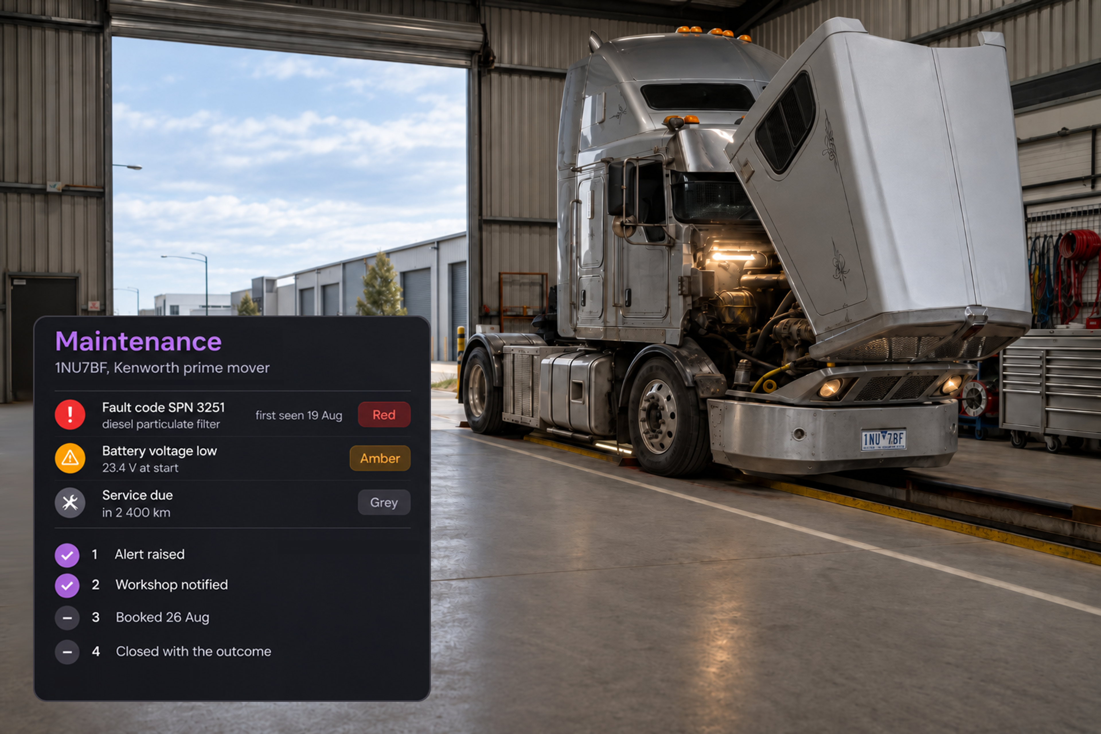 Vehicle maintenance panel: three alerts beside a vehicle image, over the four-step action list. 4:3, dark UI.