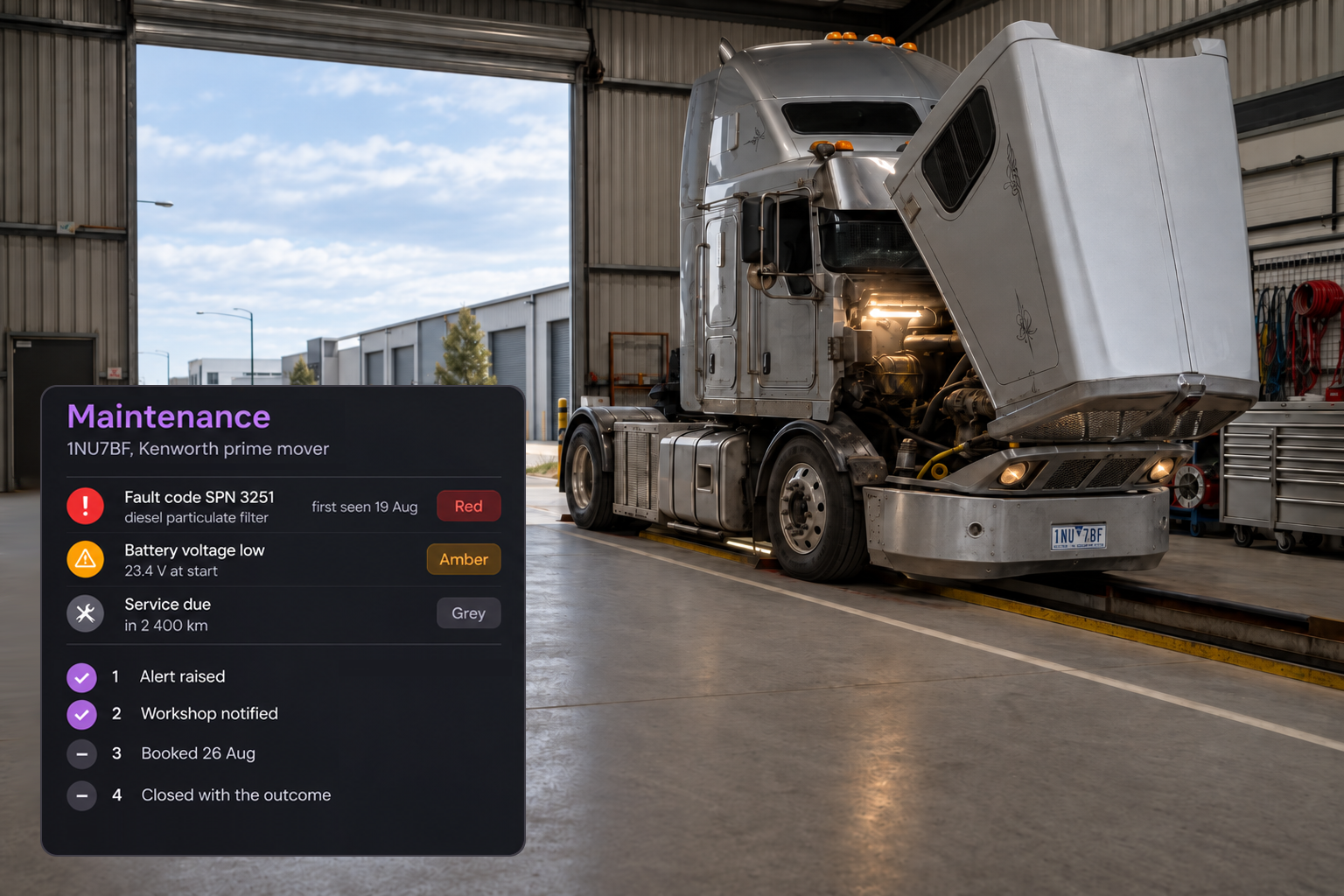 Vehicle maintenance panel: three alerts beside a vehicle image, over the four-step action list. 4:3, dark UI.