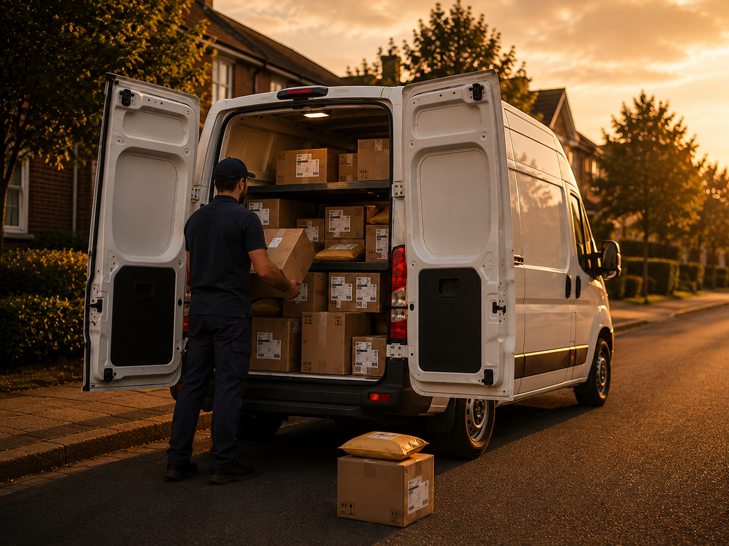 A courier loading parcels from the back of a delivery van on a suburban street