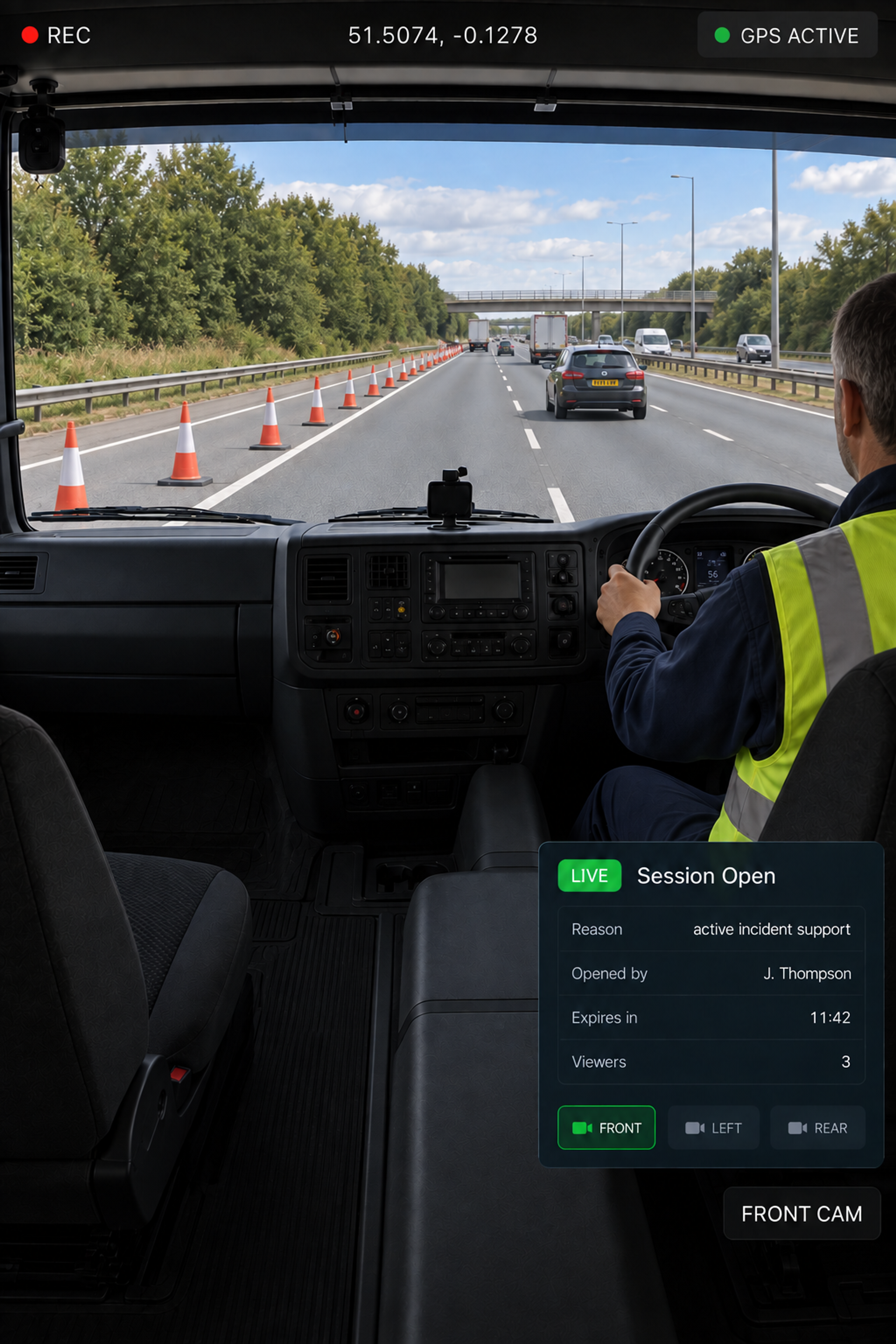 Photograph: a truck stopped on a motorway hard shoulder with hazards on, shot from a distance. Portrait 3:4, dark and cool, room at the top for a heading, no text in the artwork.