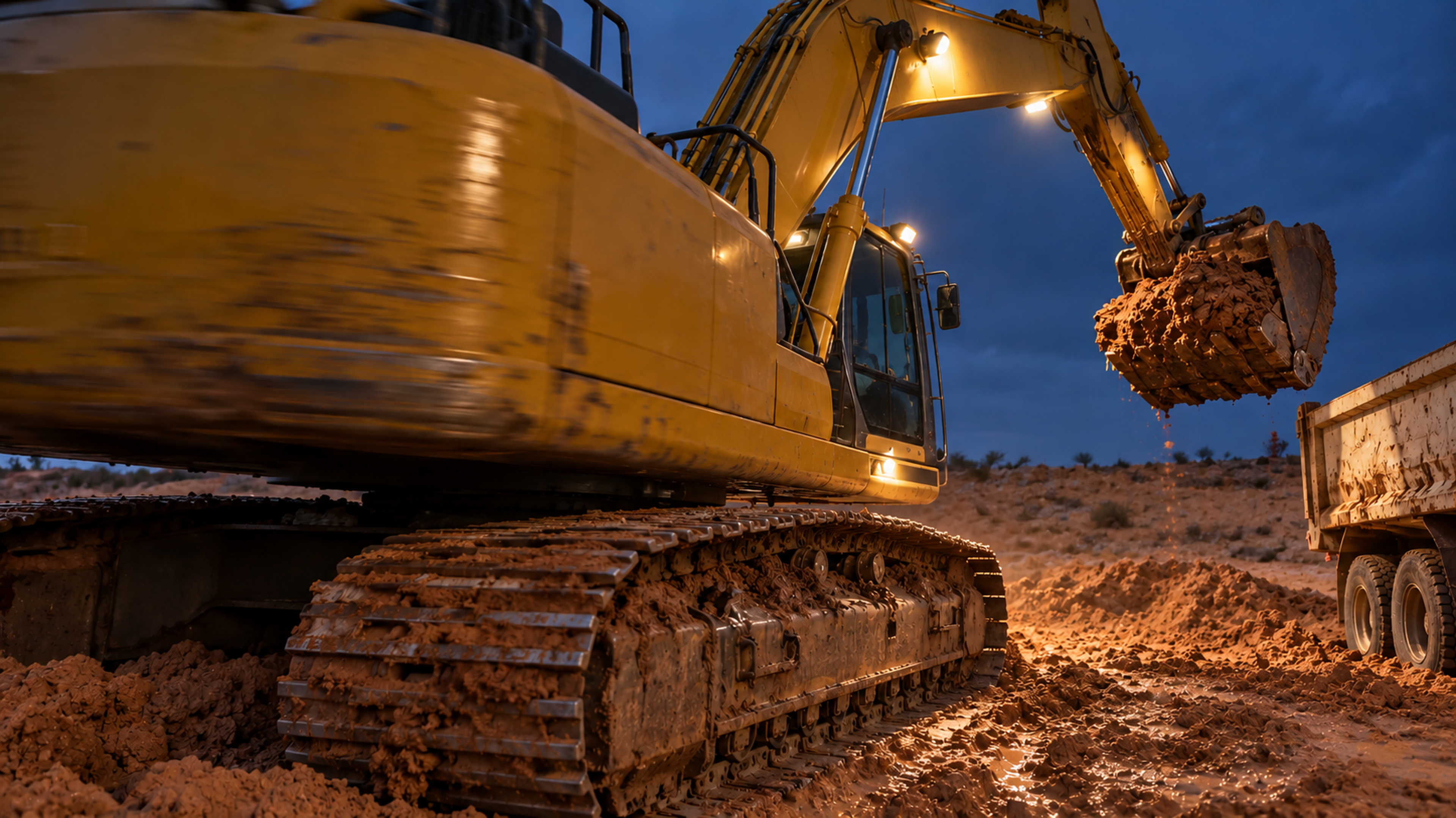 Editorial image: an excavator swinging on a site at dusk. No text in the artwork.