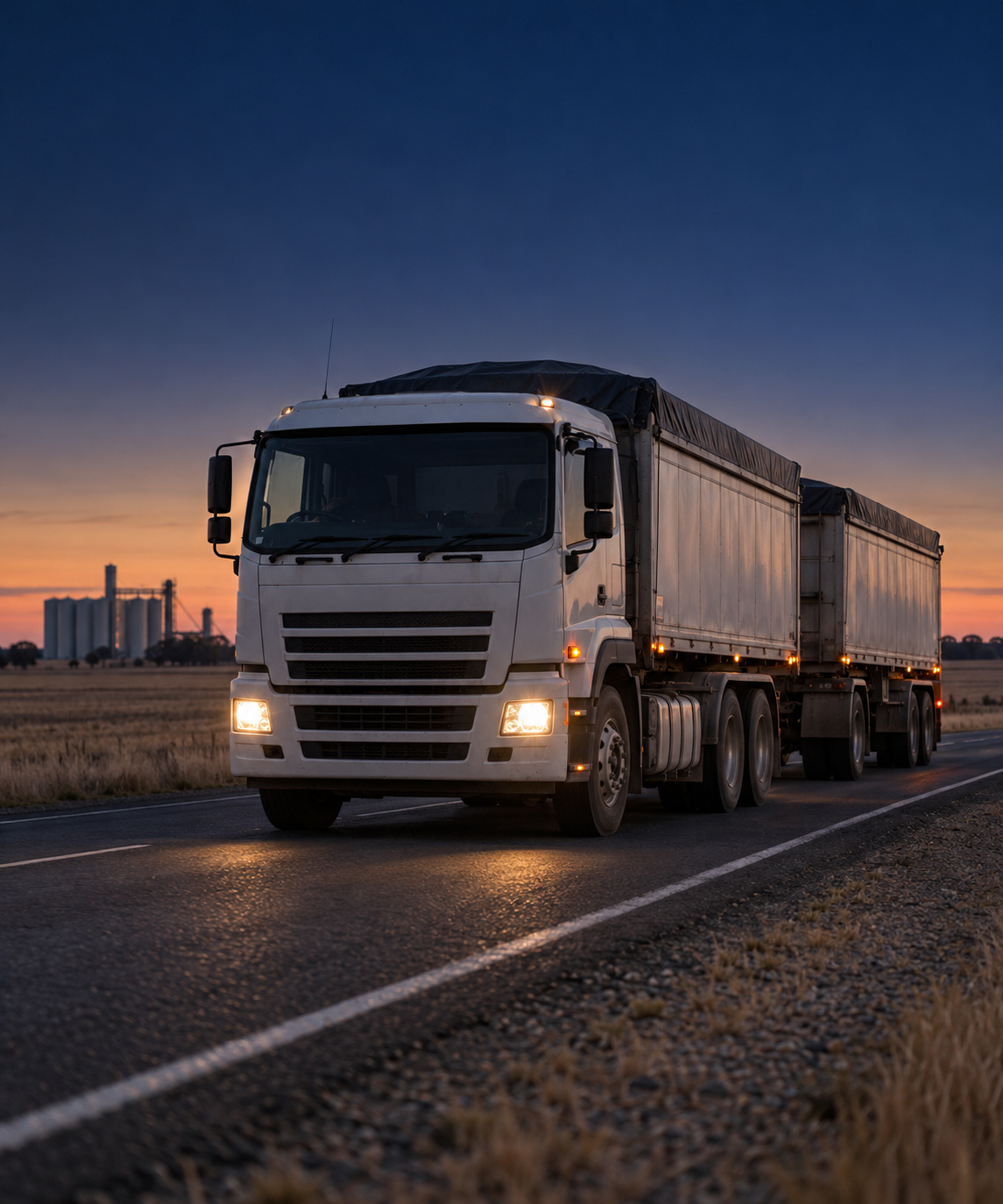 Photograph: a truck and trailer on a rural road at dusk carrying farm produce. Warm low light, room at the top, no text in the artwork.