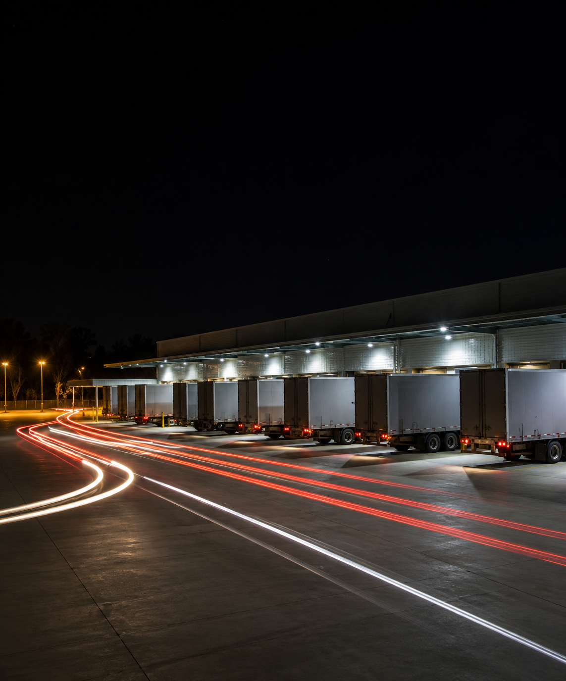 Photograph: a depot at night with vehicles and light trails. Dark and cool, room at the top, no text in the artwork.