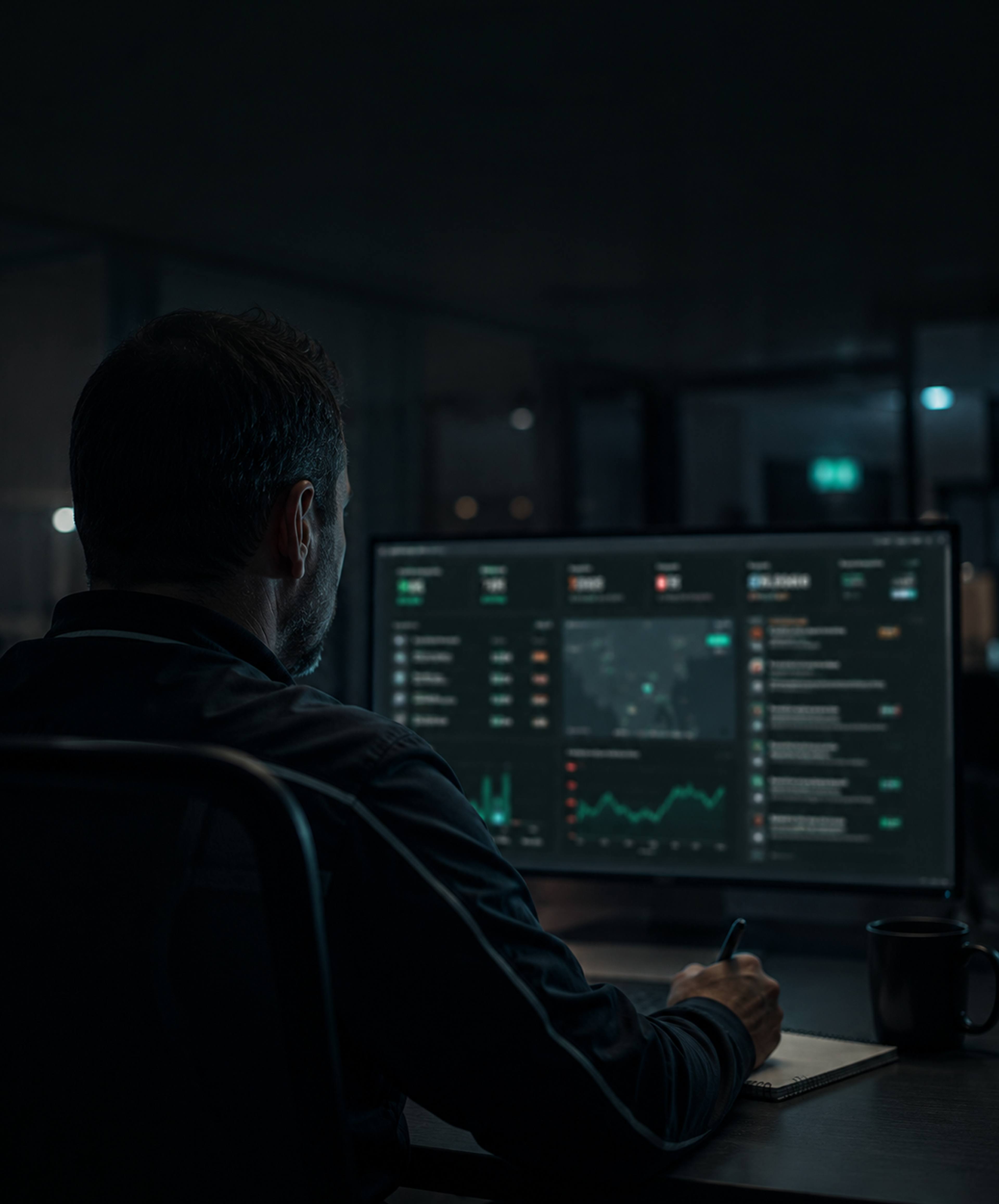 Photograph: a safety manager at a screen in a quiet office at night. Dark and cool, room at the top, no text in the artwork.