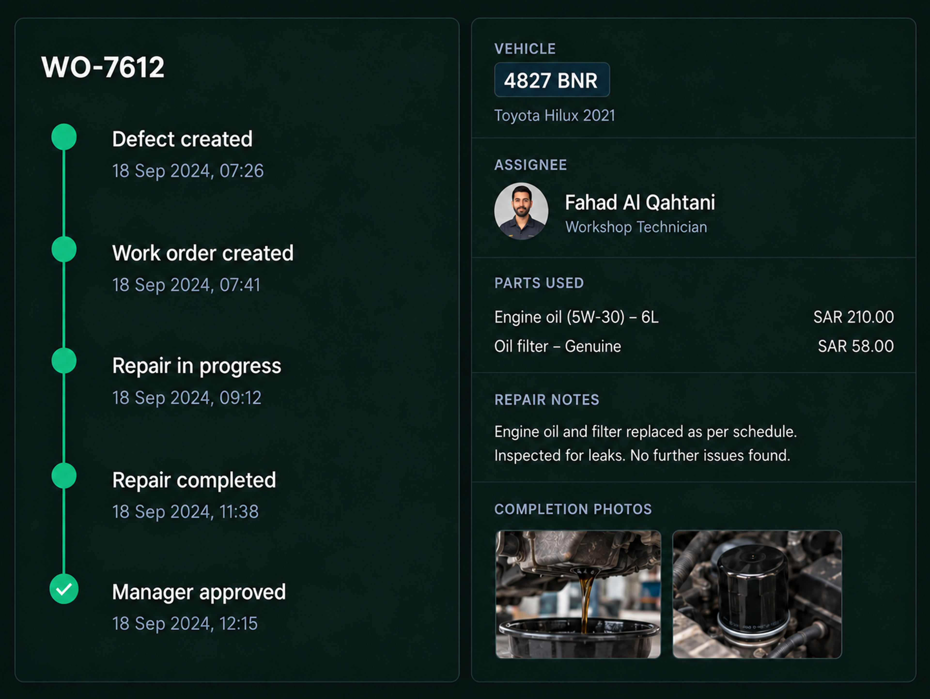 Drive360 repair timeline for work order WO-3487: defect created, work order created, repair in progress, repair completed and manager approved, beside a work order panel listing vehicle, assignee, parts used, repair notes and completion photos