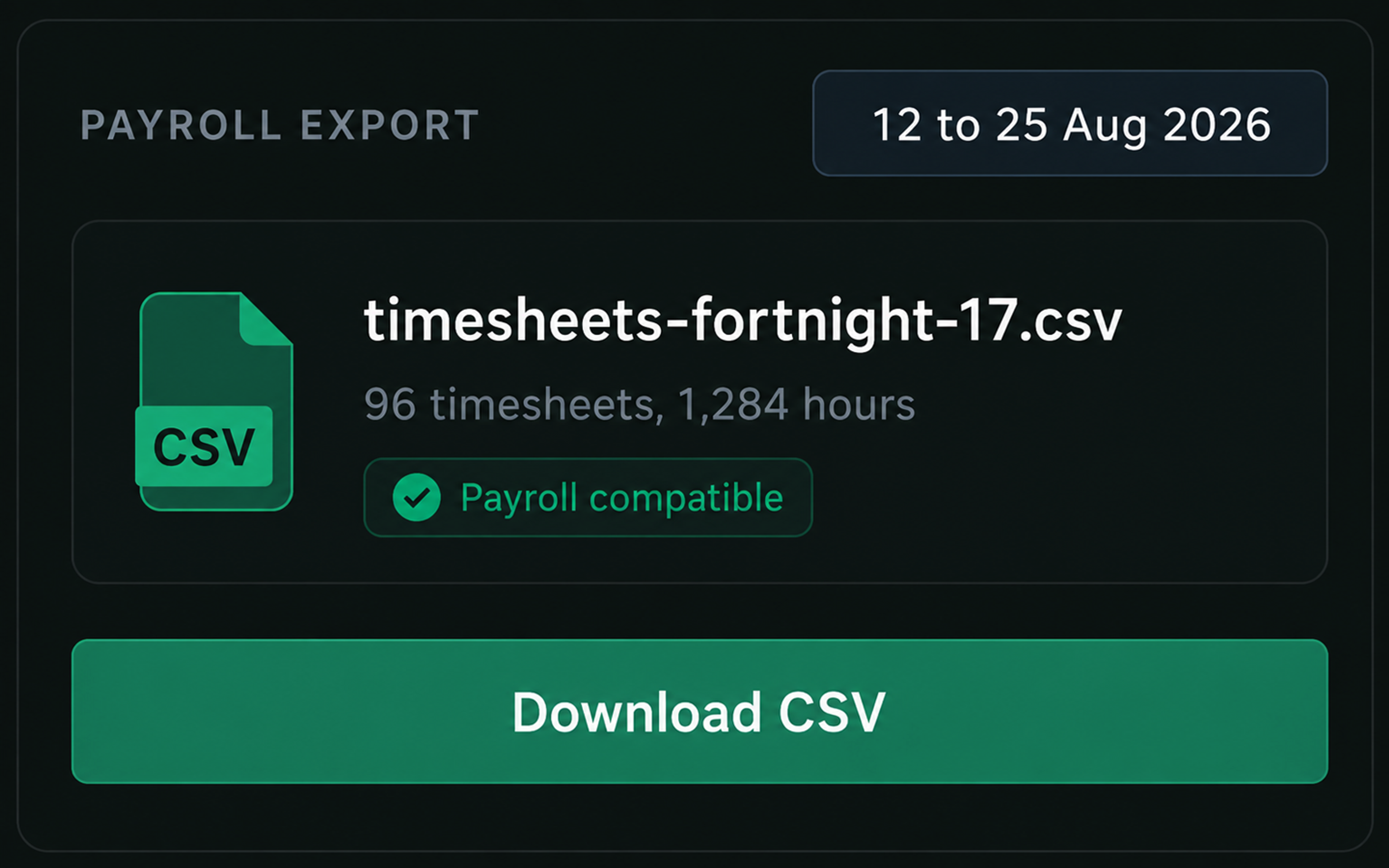 Drive360 export panel with a payroll-compatible CSV option